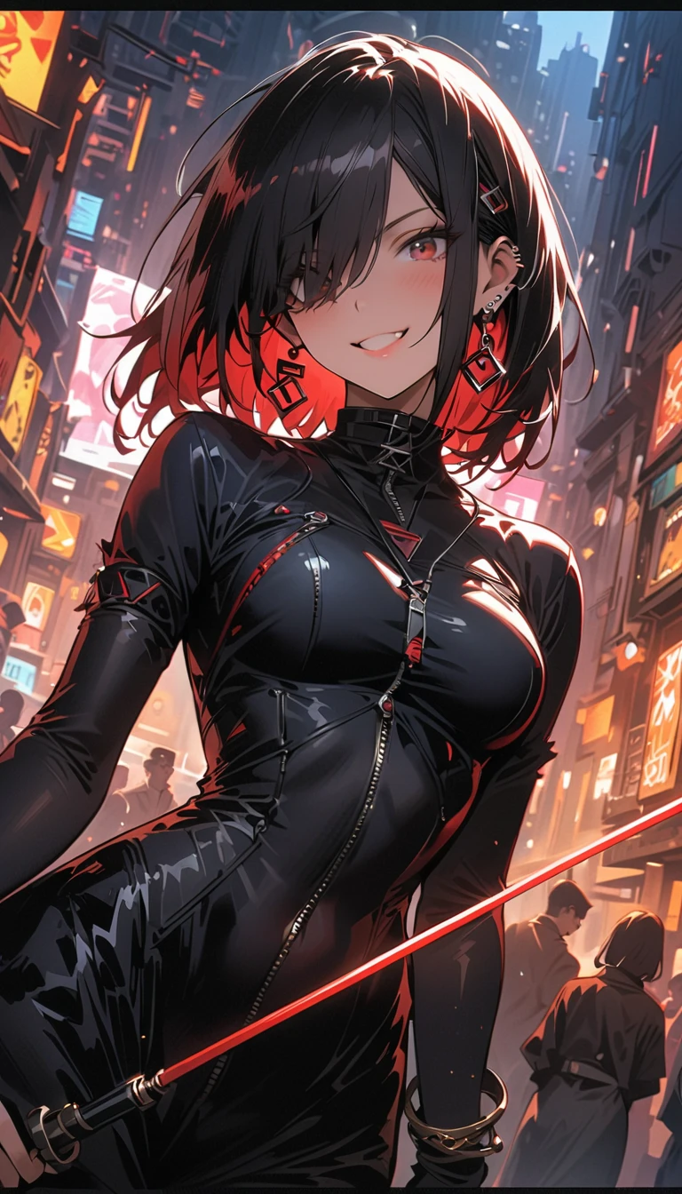 solo, solo focus, japanese yakuza mobster girl with a gymnast leotard, black hair, glowing red eyes, bare legs, arms crossed, facial scar, stylish, hdr, intricate details, hyperdetailed, cinematic, rim light, danger atmosphere, noir, night, cyberpunk lighting, tokyo street, rain, infused with blue energy, power, superpower, light particles