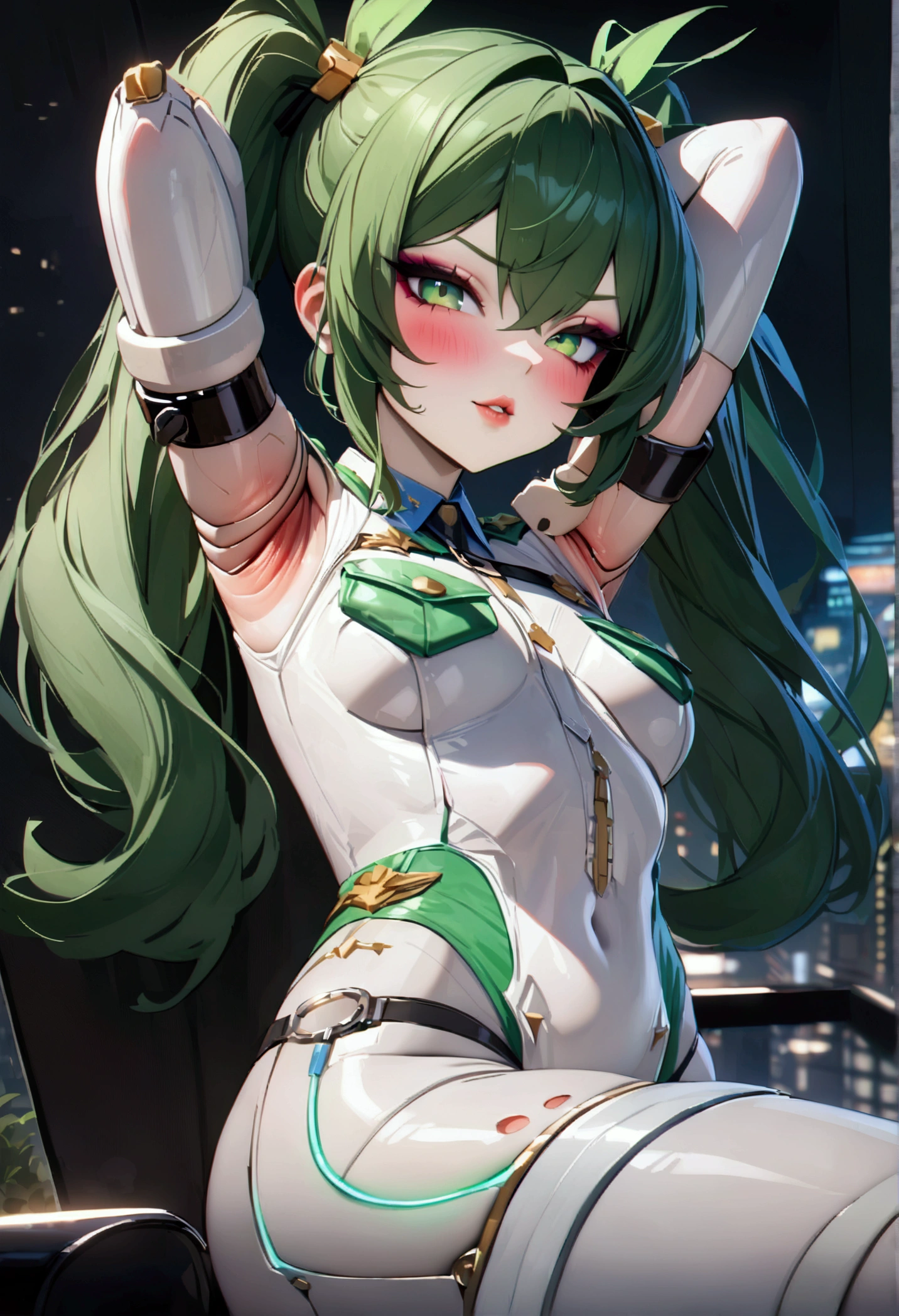 Qingyi, Night view, police uniform, Beauty, Beautiful eyes, blush, uhd, retina, masterpiece, ccurate, anatomically correct, textured skin, super detail, high details, high quality, best quality, highres, knee high boots, gloss lips, lipstick, 4K, eyeshadow, eyeliner, blush, long hair, lipstick, green hair, long eyelashes, pigtails, evil grin, armpits, android body, handcuffs 