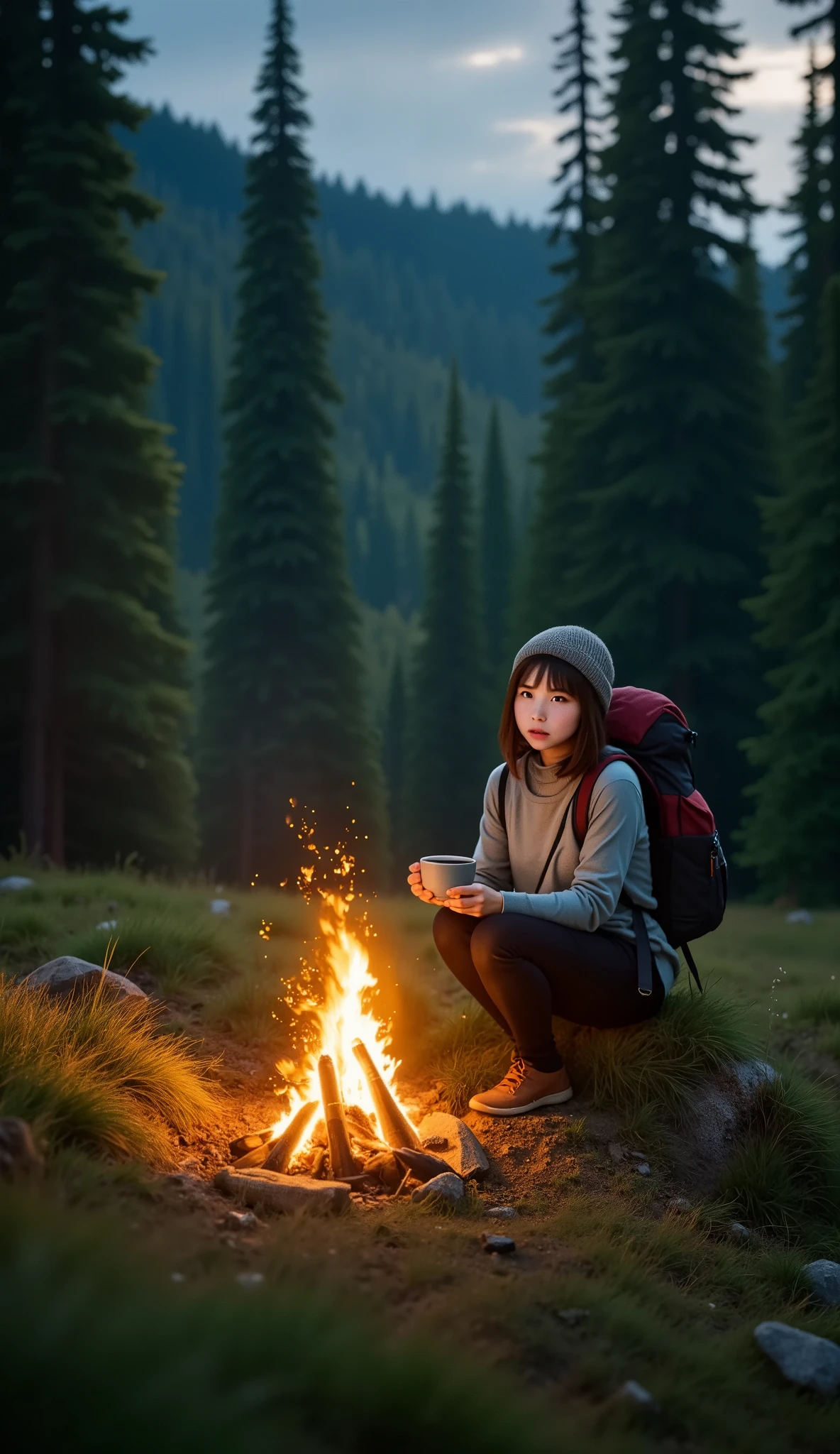 Lonely Traveler、Wide View、Deep in the forest、(((Night Time)))、bonfire台、bonfire、 one woman、Backpacker、coffee