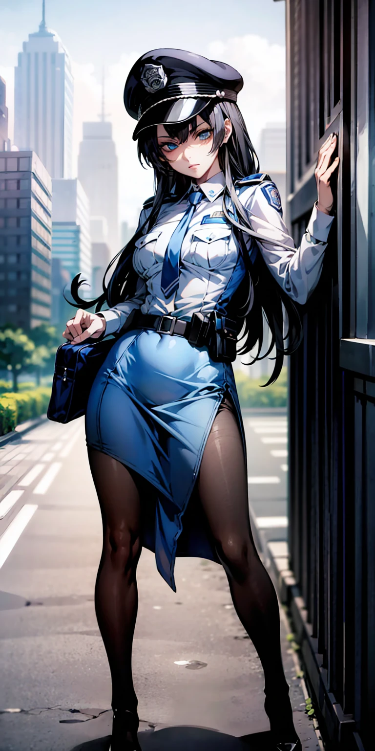 Ridiculous resolution, high resolution, (masterpiece:1.4), Extremely detailed, 1 Girl,blue eyes, Black long hair，Please wear police uniform and short skirt, White handbags、Pantyhose、City Streets,Sexy pose, The camera is close to your body