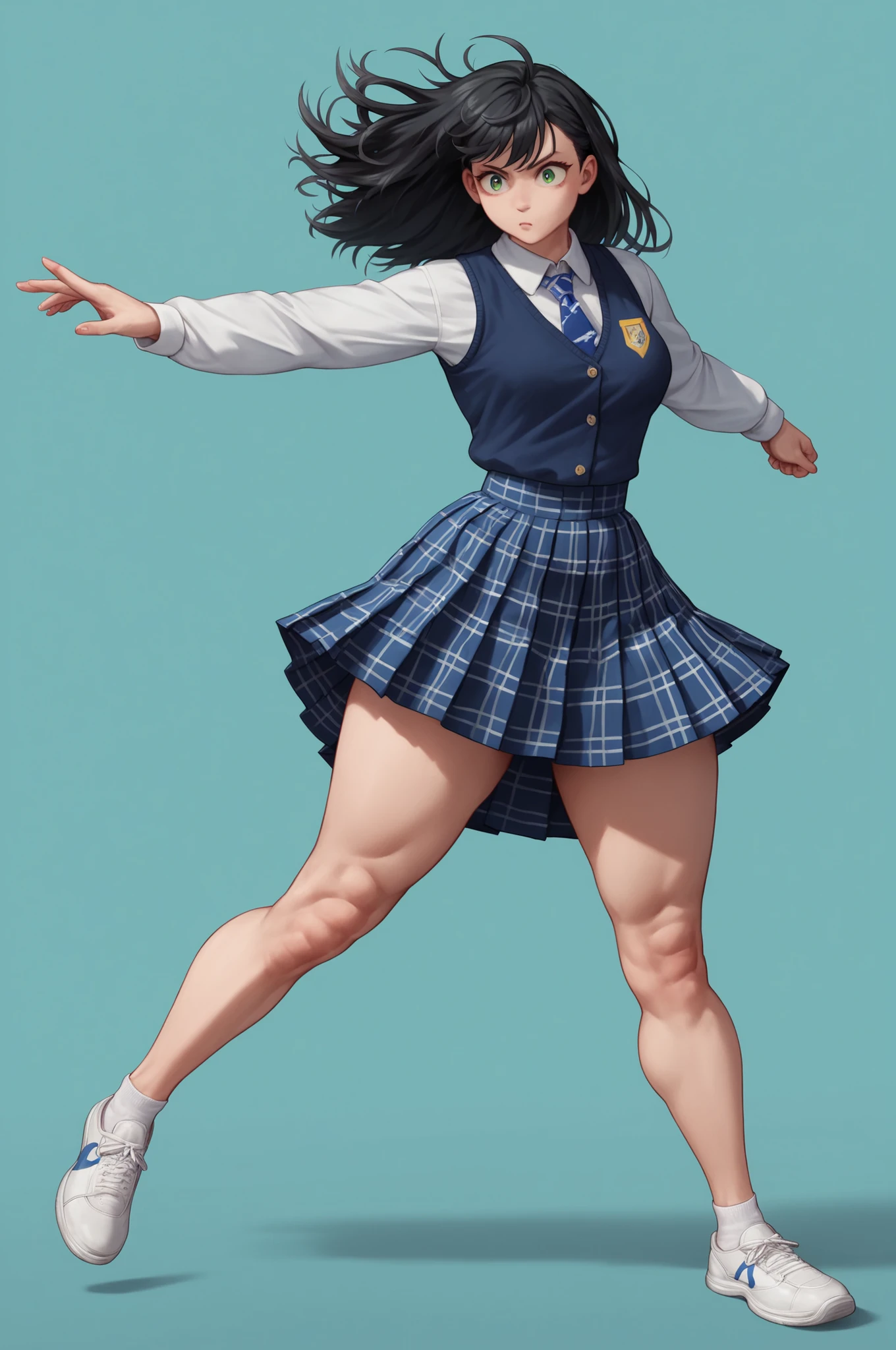 Song Eu-na is a youthful high schoold student. Rocking that luscious waist-long jet-black hair with side bangs and deep emerald eyes, wind-swept hair, she's also sporting a 90-62-100 B-W-H size and 165cm heights. Her beauty lies on her diligence, look, and most of all her fit body. Her model long legs with thick thighs are to die for, both literally and figuratively. School dress, shirt, ribbon tie, vest, checkered skirt, (kumite karate-stance with elegance:1.2), untouchable stoic ice queen of the school, BREAK, prestigious school background, masterpiece, best quality, fullbody close-up view,