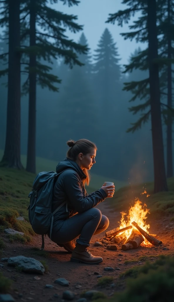 Lonely Traveler、Wide View、Deep in the forest、(((Night Time)))、bonfire台、bonfire、 one woman、Backpacker、coffee