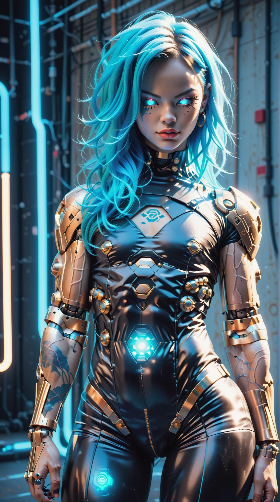 score_9, score_8_up, score_7_up, (Three quarters Shot), (1 girl), (asian), beautiful teenage (skinny) muscular goth cyborg girl, (full Cybernetic bodysuit:1.5), (black sclera:1.5), (blue glowing eyes:1.5), (blue glowing body veins:1.5), (flat chest:1.25), (blue glowing hair:1.25), (beautiful face:1.25), (bodybuilder femboy physique:1.25), (skinny long legs:0.75), (intricate gold filagree:1.25), bimbo lips, cowboy shot, cybernetic, mechanoid body parts, exposed cables and circuits, neon lights, gothic neon style, cyber punk style, super realistic image, beautiful digital paint , hyper Realistic illustrations, Stable_Yogis_Scenery_Negatives, Stable_Yogis_Scenery_positives,  Stable_Yogis_PDXL_Positives, Stable_Yogis_PDXL_Negatives