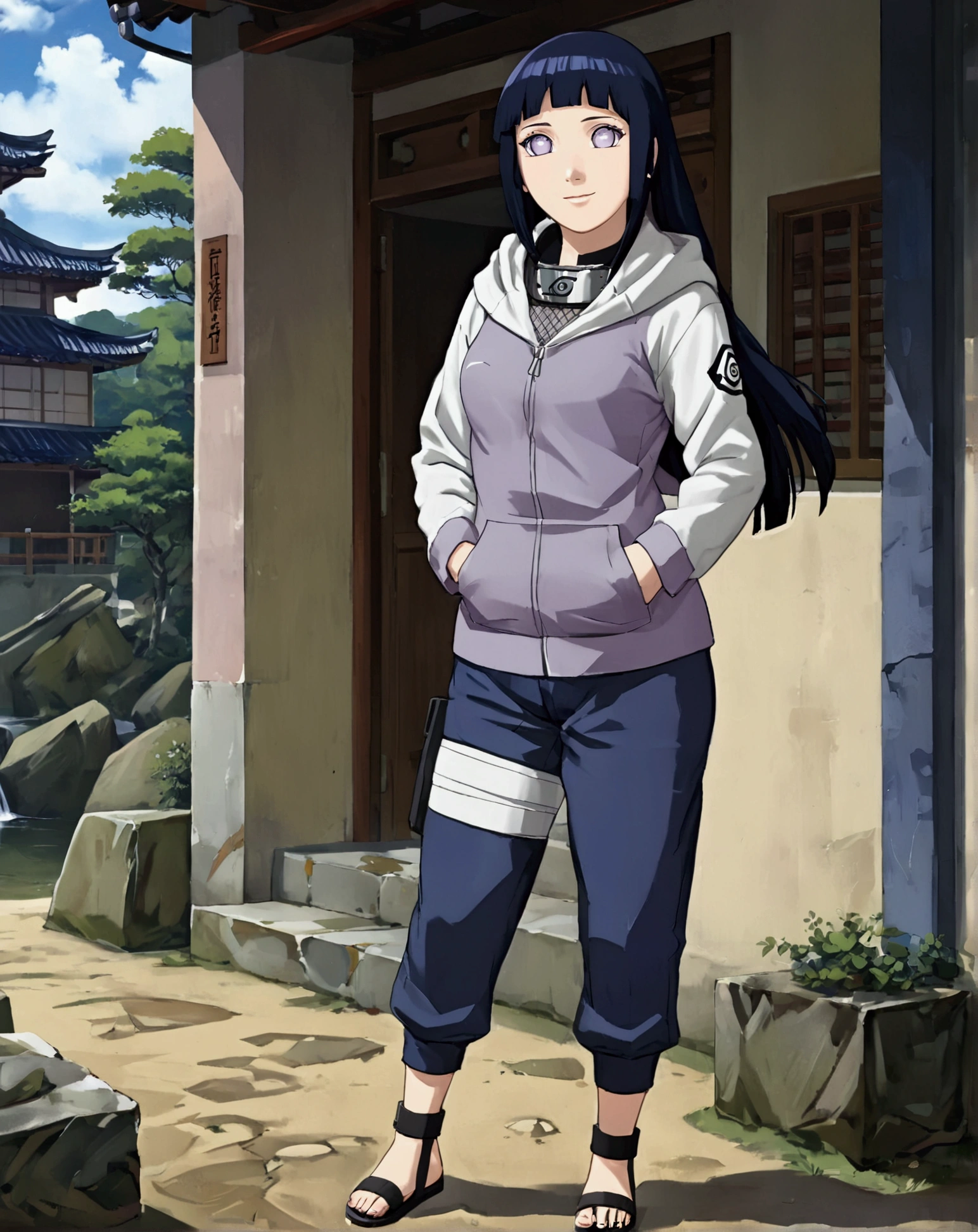 1girl, Hinata Hyuga, standing, looking out gently. dark blue hair, white eyes, no pupils, konoha protector, konohagakure symbol, purple and white hooded jacket, fishnets, blue pants, holster, bandage on thigh, open sandals, hoodie, zipper, seductive smile, looking at viewer, (masterpiece, best quality, Professional, perfect composition, very aesthetic, absurdres, ultra-detailed, intricate details:1.3), front view, official_art, anime screencap, official style, front view, perfect anatomy, perfect body, 
