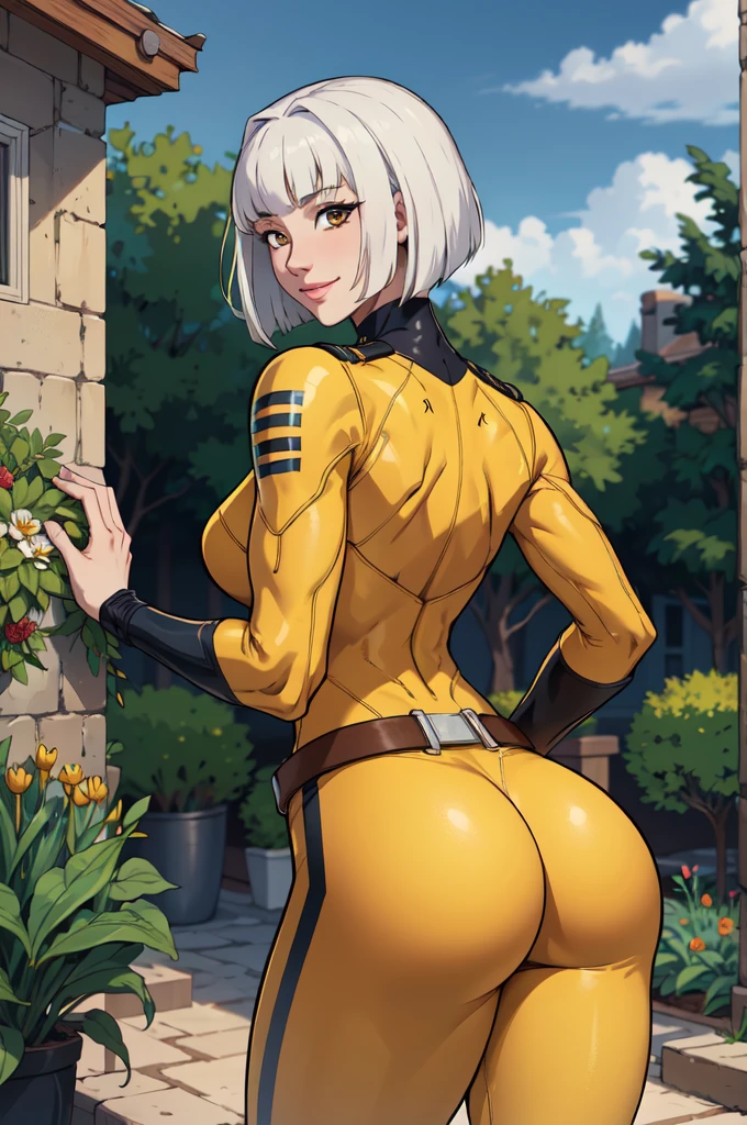 (masterpiece, best quality, absurdres, 4k, aesthetic, detailed, intricate),outside,garden,1girl,big booty,looking at viewer, yellow yamatosuit, belt,slight smile,bob cut,blunt bangs,white hair  