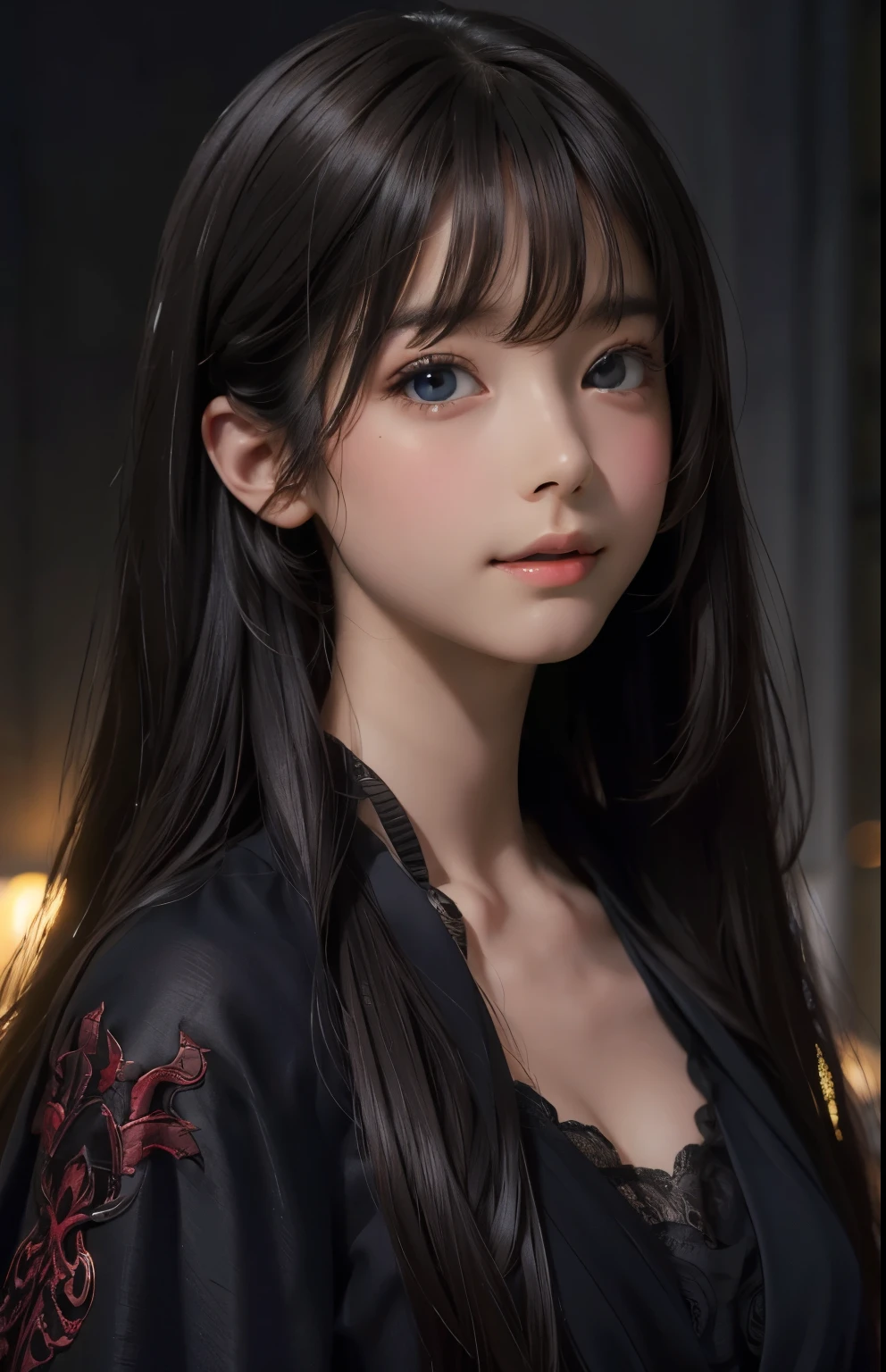 (Ultra Realistic), (Illustration), (Increased Resolution), (8K), (Extremely Detailed), (Best Illustration), (Beautiful and Detailed Eyes), (Best Quality), (Ultra Detailed), (Masterpiece ), ( wallpaper), (detailed face), solo, 1 girl, looking at viewer, fine details, detailed face, in the dark, deep shadows, low key, pureerosfaceace_v1, smiling, long hair, black shawl straight hair , 46 points oblique bangs