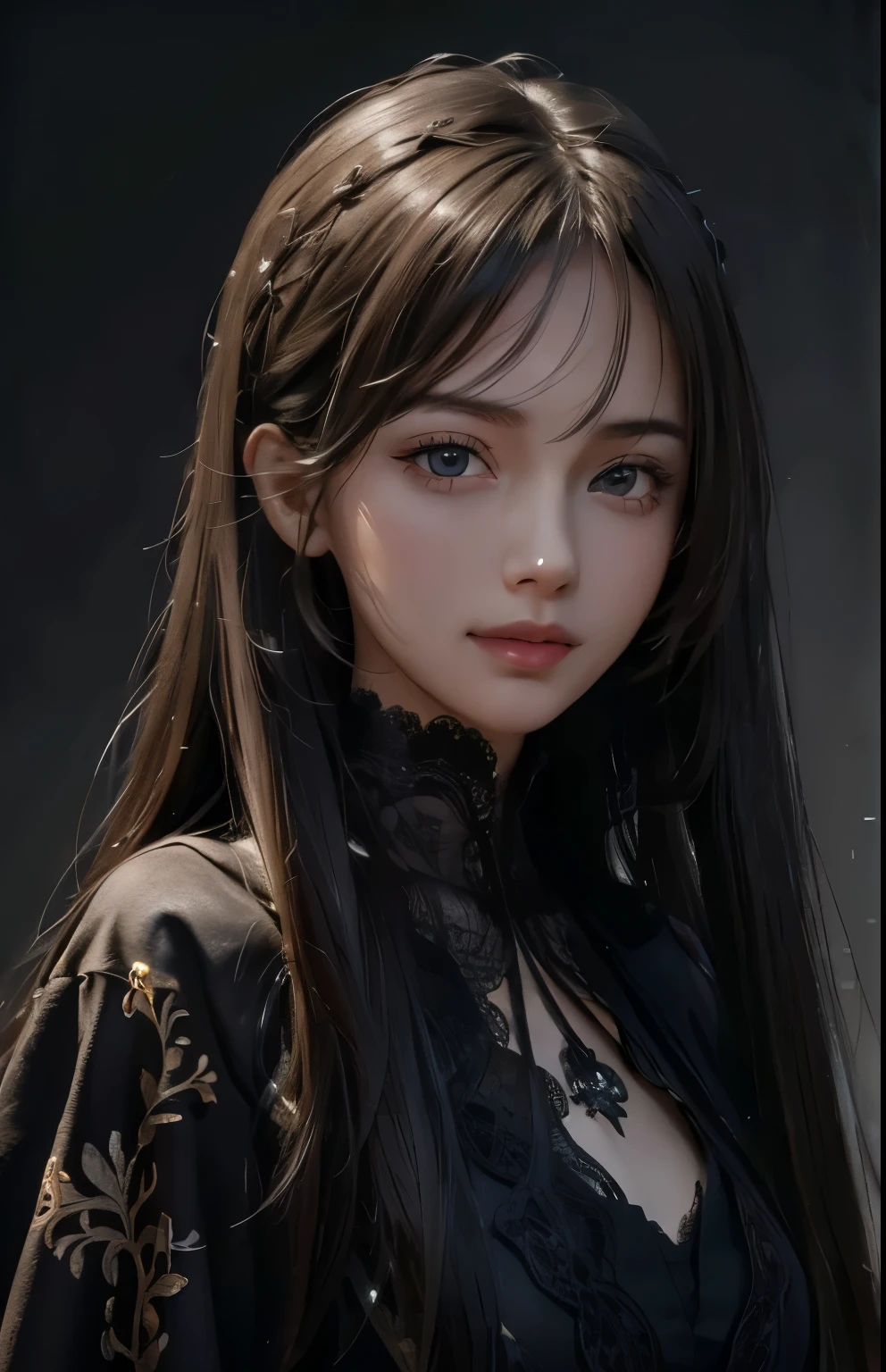 (Ultra Realistic), (Illustration), (Increased Resolution), (8K), (Extremely Detailed), (Best Illustration), (Beautiful and Detailed Eyes), (Best Quality), (Ultra Detailed), (Masterpiece ), ( wallpaper), (detailed face), solo, 1 girl, looking at viewer, fine details, detailed face, in the dark, deep shadows, low key, pureerosfaceace_v1, smiling, long hair, black shawl straight hair , 46 points oblique bangs