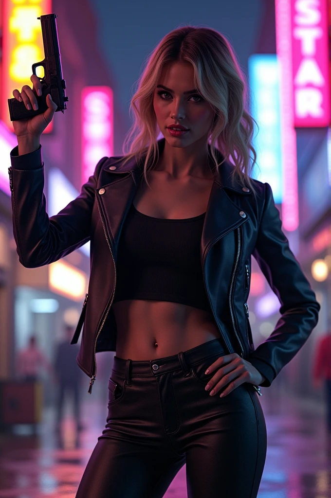 cyberpunk-style city with a nocturnal vibe with Blade Runner-like aesthetic references, glowing huge clock tower as time machine. At night, (1girl, solo, alone), photorealistic, medium-breast slim:0.6 body, oval:0.5 face, cleavage:1.1, sexy black laced bra, miniskirt, white laced panty, coat, (black micro sunglasses), (holding a short gun), (slightly leaning forward running pose), ((half-body thigh level medium shot)), cinematic lighting, ray tracing, motion blurred background.