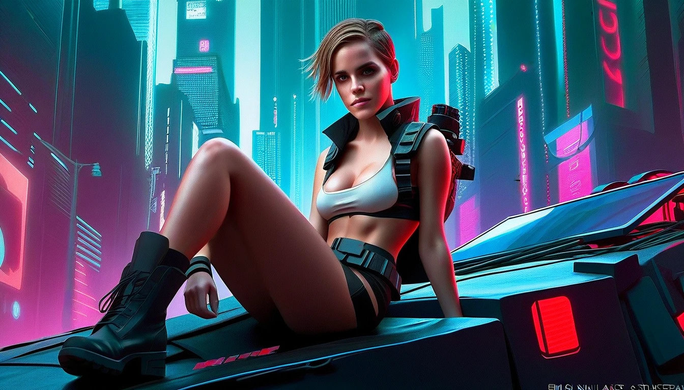  A young female hacker sits on the hood of a broken armored personnel carrier in a cyberpunk metropolis ,  looking at the viewer ,  right hand rests on waist ,  left arm stretched forward ,  she has a transparent smart tablet ,  short hair undercut , flawless skin,  frightened look on her face , tears on her face , full lips, , strong legs,  full back and red tight cyber punk underwear with an intricate hexagonal patterned,  SWAT combat vest with attached wearable computer ,  black leather waist belt with a multimeter and probes attached to it ,  black latex boots above the knees ,  cut off white gloves , without makeup.,  natural nails , Emma Watson, Apocalyptic style: