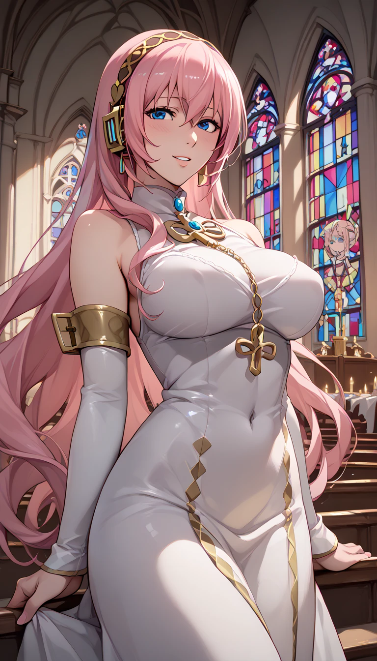 Erotic NSFW,(masterpiece), draw beautifully and in detail,ishigaki takashi Styles, vocaloid , an adult older sister,Megurine Luka,Long Pink Hair,Blue Eyes,Big Breasts,Church Sister Clothing,bedroom