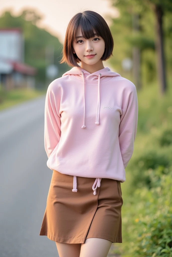 top quality 8k, high resolution, professional photographic, ultra detailed, 15mm film, portrait, (19 year old, beautiful Japanese female, REIKA standing legs parted:1.3), beautiful short bob cut:1.4, beautiful nape, (big hip best proportion:1.5), arms behind back, (brown-skirt, pink hooded sweatshirt, "gerogero":1.4), (thick thigh smooth thigh radiant thigh focus), ((too very blushing)), (ultra detailed sunrise backlighting:1.5), (good depth field, Lonely Traveler in  country road:1.5) 