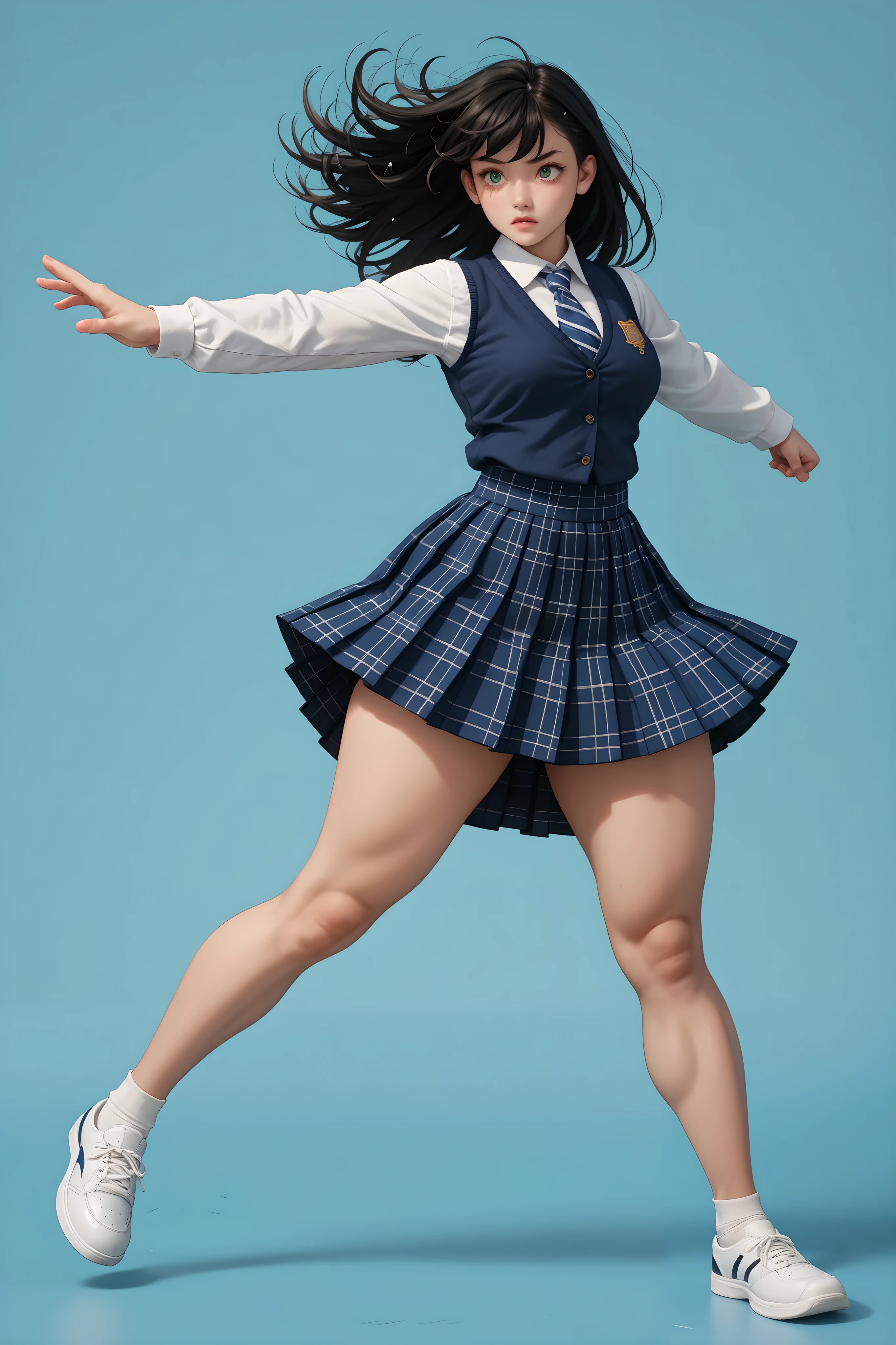 Song Eu-na is a youthful high schoold student. Rocking that luscious waist-long jet-black hair with side bangs and deep emerald eyes, wind-swept hair, she's also sporting a 90-62-100 B-W-H size and 165cm heights. Her beauty lies on her diligence, look, and most of all her fit body. Her model long legs with thick thighs are to die for, both literally and figuratively. School dress, shirt, ribbon tie, vest, checkered skirt, (kumite karate-stance with elegance:1.2), untouchable stoic ice queen of the school, BREAK, prestigious school background, masterpiece, best quality, fullbody close-up view,