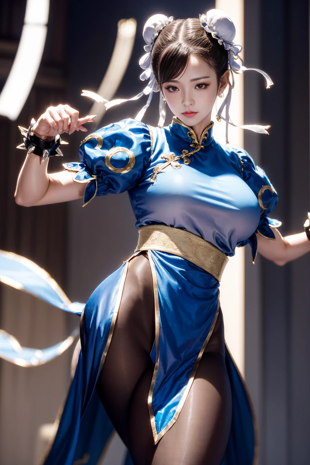 (((High Kick)))、Chun-Li from Street Fighter 2, Perfect Chun Li Costume,There are gold lines in the blue Chinese dress,Bunbashira,Good cover, battle pose ,  Masterpiece  、 one beautiful girl 、 beautiful eyes、Swollen eyes、 top quality, 超 high definition , (reality: 1.4),  movie lighting、 Japanese 、Asian Beauty、Korean、 Very Beautiful 、 beautiful skin 、body facing forward、 face close-up 、( super realistic )、( high definition )、(8k)、( very detailed)、(美しく beautiful eyes)、( very detailed)、 (wall-)、 detailed face 、 bright lights on the Ped、  Professional Writing  、 watching the audience、  small details 、diagonal bangs、Nogizaka idol、Korean Idol、  Masterpiece  ,  top quality,   Masterpiece  ,  top quality,  perfect face,  perfect brown eyes with beautiful white eyes, Bad move -5 , Alone,  1 girl,  upper body,  brown hair, From SF2, Chinese translation services, smile,  musculoskeletal々A woman,   blue clothes,  pantyhose, pelvic curtain,  puff sleeve , Good cover, sash, evaluation:  safety 