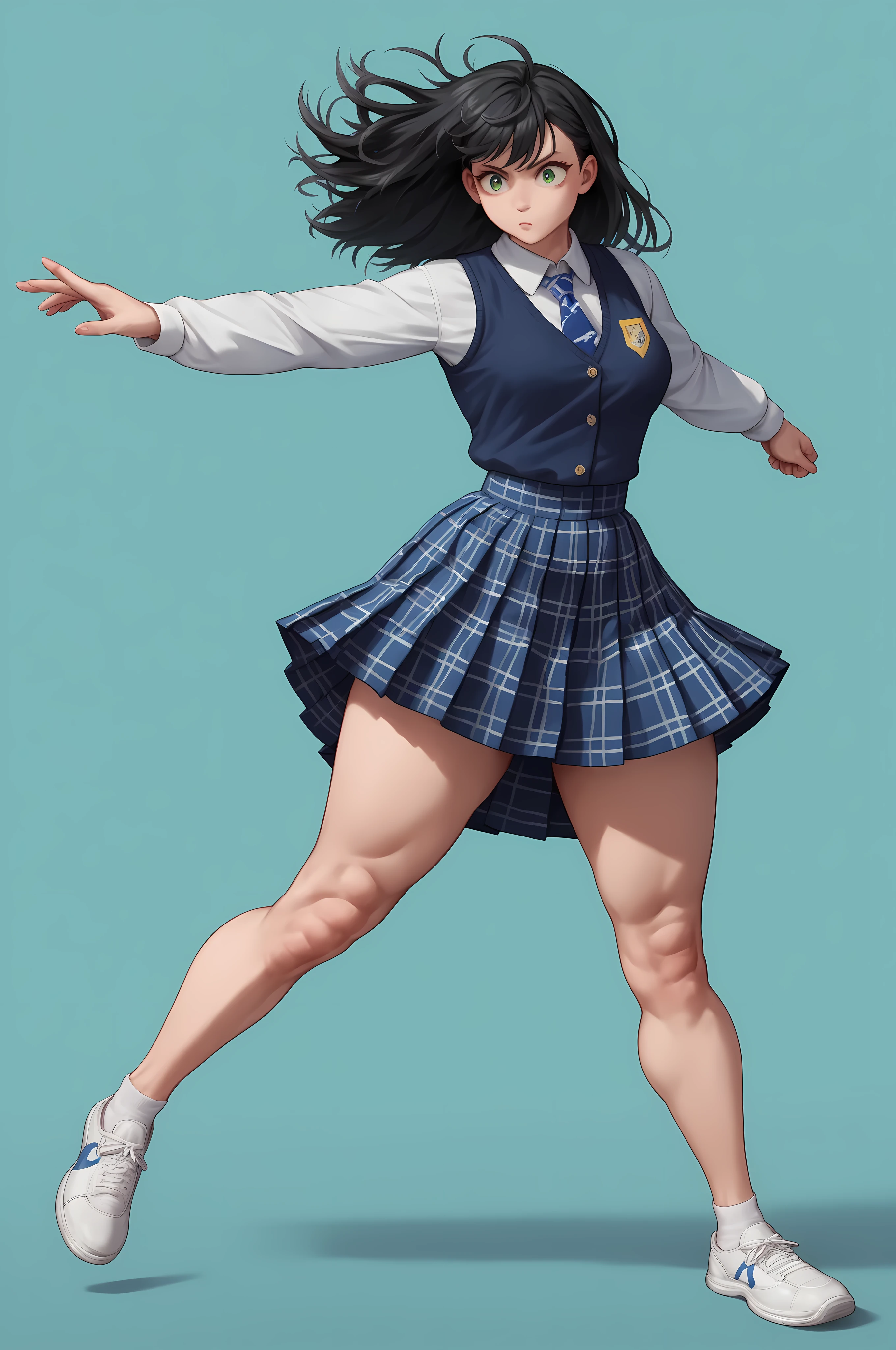 Song Eu-na is a youthful high schoold student. Rocking that luscious waist-long jet-black hair with side bangs and deep emerald eyes, wind-swept hair, she's also sporting a 90-62-100 B-W-H size and 165cm heights. Her beauty lies on her diligence, look, and most of all her fit body. Her model long legs with thick thighs are to die for, both literally and figuratively. School dress, shirt, ribbon tie, vest, checkered skirt, (kumite karate-stance with elegance:1.2), untouchable stoic ice queen of the school, BREAK, prestigious school background, masterpiece, best quality, fullbody close-up view,