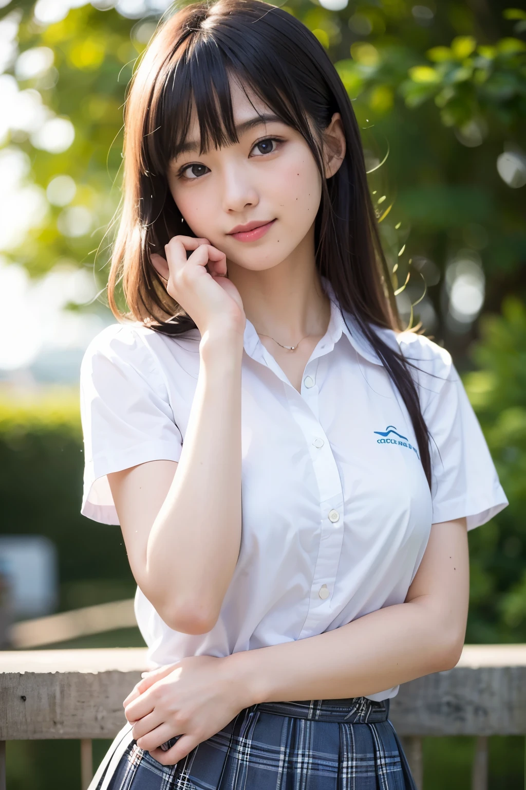((best quality)), ((masterpiece)), (details), one girl, sexy ((best quality)), ((masterpiece)), (details), one girl, sexy ((best quality)), ((masterpiece)), (details), one girl, full body, sexy expensive body, expensive, long legs, mature woman, mature, adult, it_nagatoro_main, Hayase Nagatoro, one girl, blushing, alone, uniform polo shirt, short sleeves, black hair,brown eyes, hair accessory, looking at viewer, hair clip, smiling, long hair, dark skinned woman, dark skin, , bangs, daytime, skirt, collared shirt, collarbone, ear clip, mouth closed, tree, asymmetrical bangs, upper body