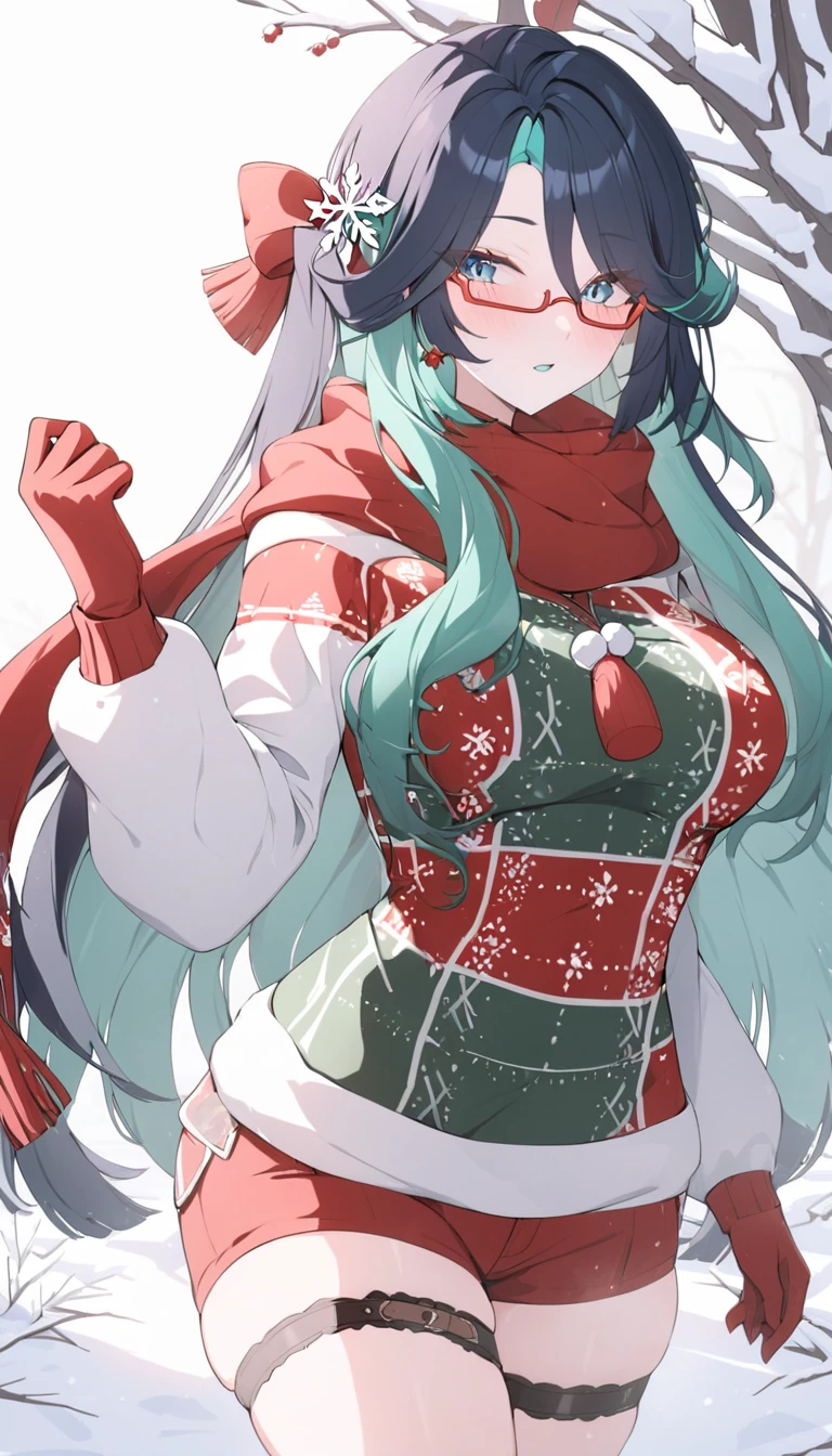 intricate christmas sweater, cozy wool sweater, festive accessories, santa claus hat, jingle bells, red and green colors, snowflake patterns, mittens, scarf, warm lighting, winter landscape, highly detailed, 8k, best quality, masterpiece,dynamic pose, big breasts, muted colors, skin pores, score_9, score_8_up, score_7_up, (sfw), (cowboy shot, dutch angle:1.2), 1girl, solo, mature female, thigh strap, blue_eyes, long_hair, black_hair,semi-rimless_eyewear, hair_ornament, red-framed_eyewear, blue_hair, multicolored_hair, bangs, (negative_v2 Color_Balance_Calibration:0.8), unaestheticXL_cbp62 , negativeXL_D, whole body