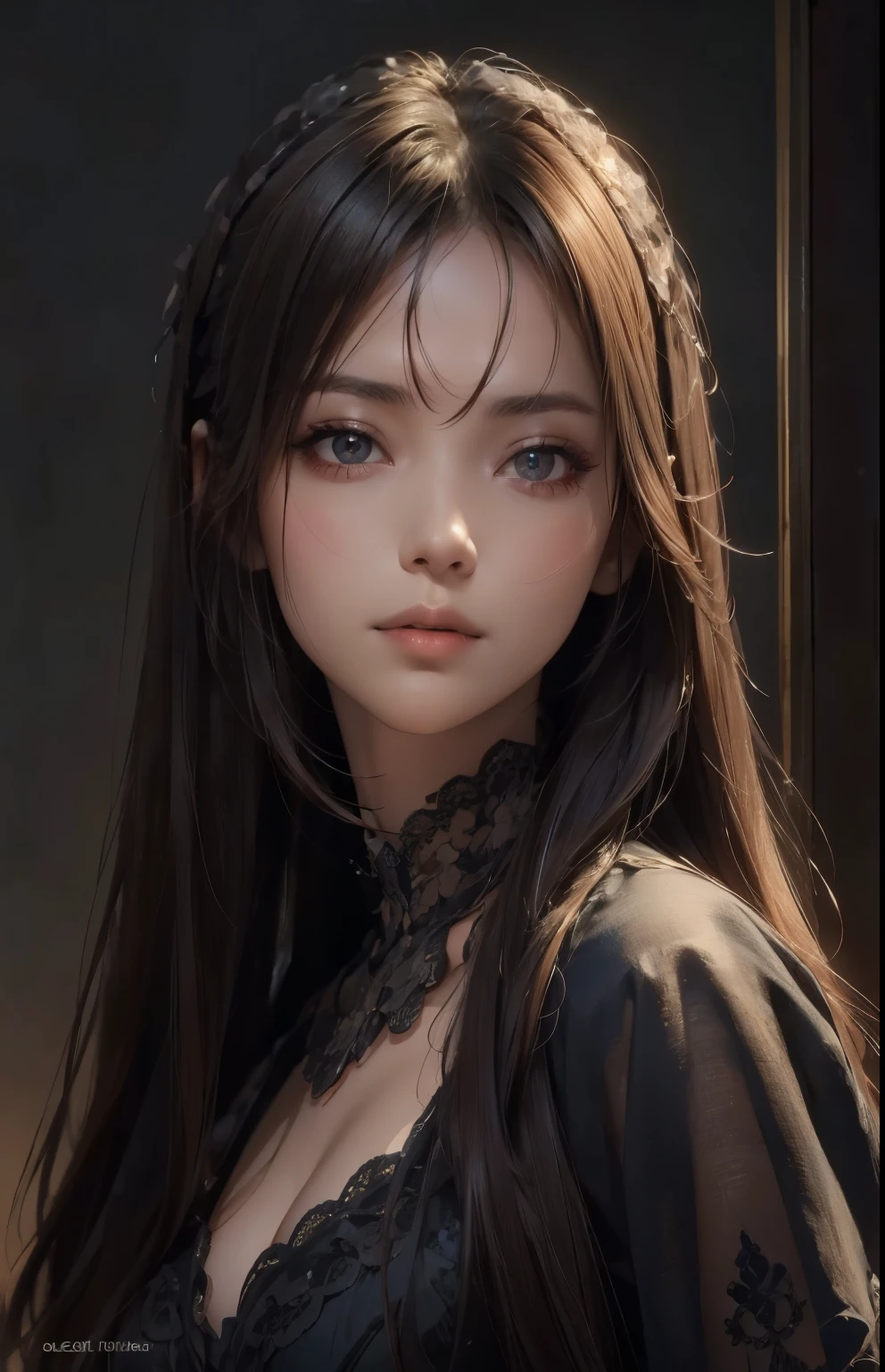 (Ultra Realistic), (Illustration), (Increased Resolution), (8K), (Extremely Detailed), (Best Illustration), (Beautiful and Detailed Eyes), (Best Quality), (Ultra Detailed), (Masterpiece ), ( wallpaper), (detailed face), solo, 1 girl, looking at viewer, fine details, detailed face, in the dark, deep shadows, low key, pureerosfaceace_v1, smiling, long hair, black shawl straight hair , 46 points oblique bangs