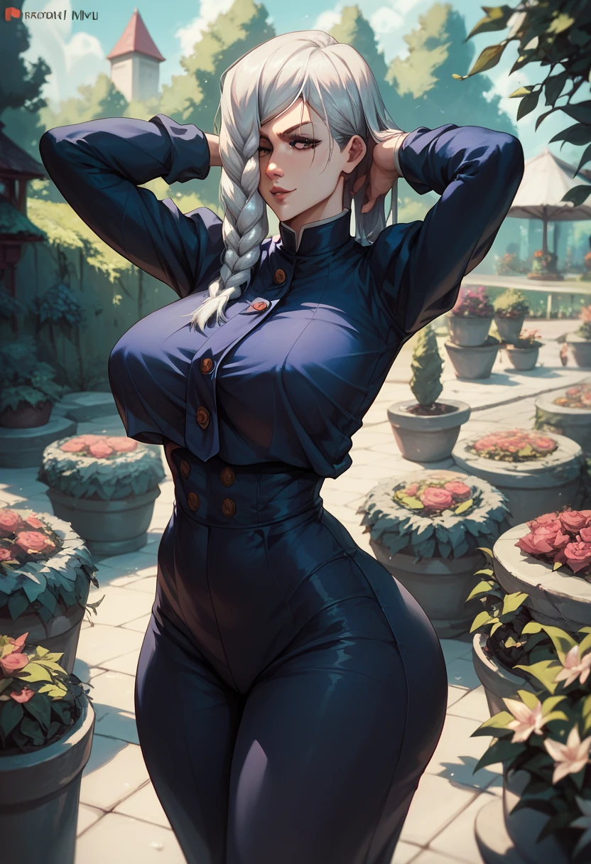 Mei Mei from the anime jujutsu kaisen, big breasts, big butt, standing in a garden, hands behind her head, long white hair, plaited hair covering the left part of her face, front view 