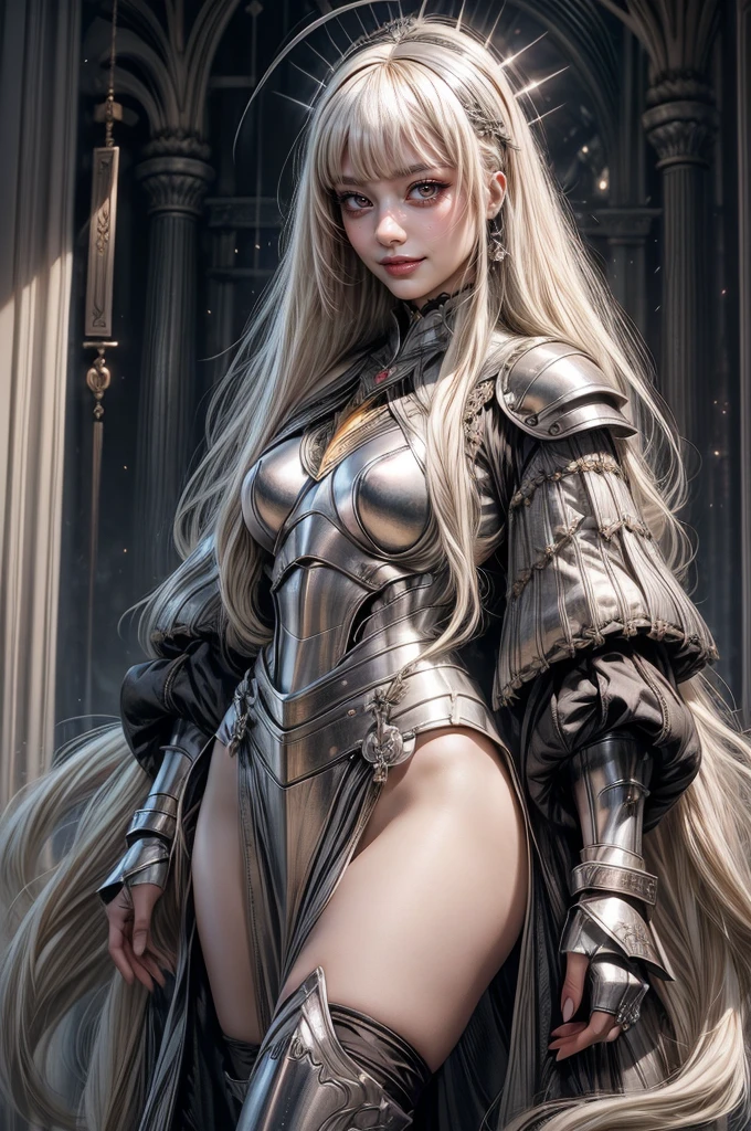 Best quality, 8K,woman, beautiful and detailed face, straight long hair,big eyelashes,big angel´s wings,(((metalic armour over bodystocking))), SHINY GLOSSY PANTYHOSE,armlets,black belt,high heels over the knee boots,dynamic angle,white neutral scenario
