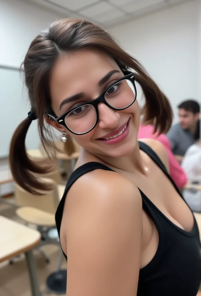 close up photo of 35 years old woman in a classroom, swooping breasts, smile, deep cleavage, look at camera, scout uniform, nerd glasses, banded pigtails, 4K, HD
