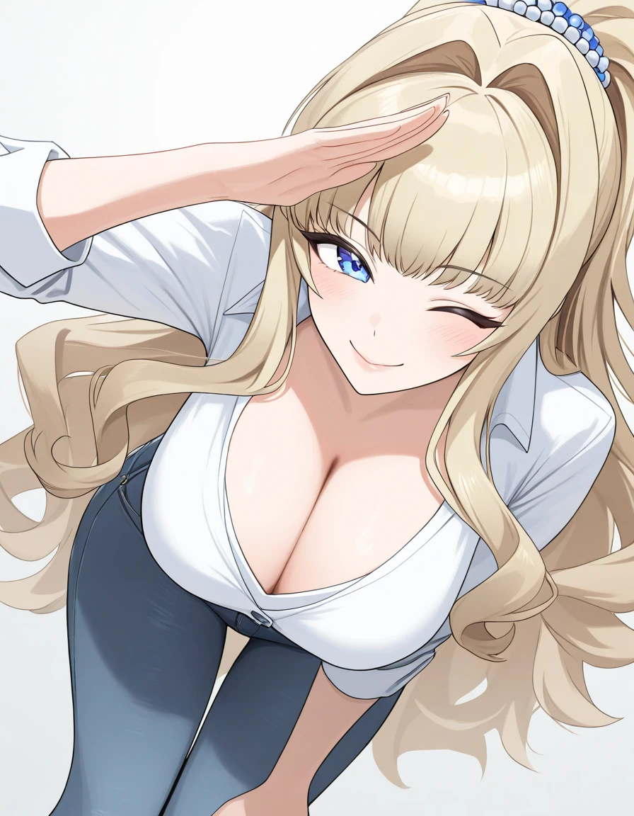 1girl, solo, kirahoshi kanna, blonde hair, very long hair, wavy hair, hair intakes, blue eyes, smile, one eye closed, lips, large breasts, white shirt, jeans, bent over, hand on own knee, foreshortening, dutch angle, light theme, masterpiece, best quality, very aesthetic 