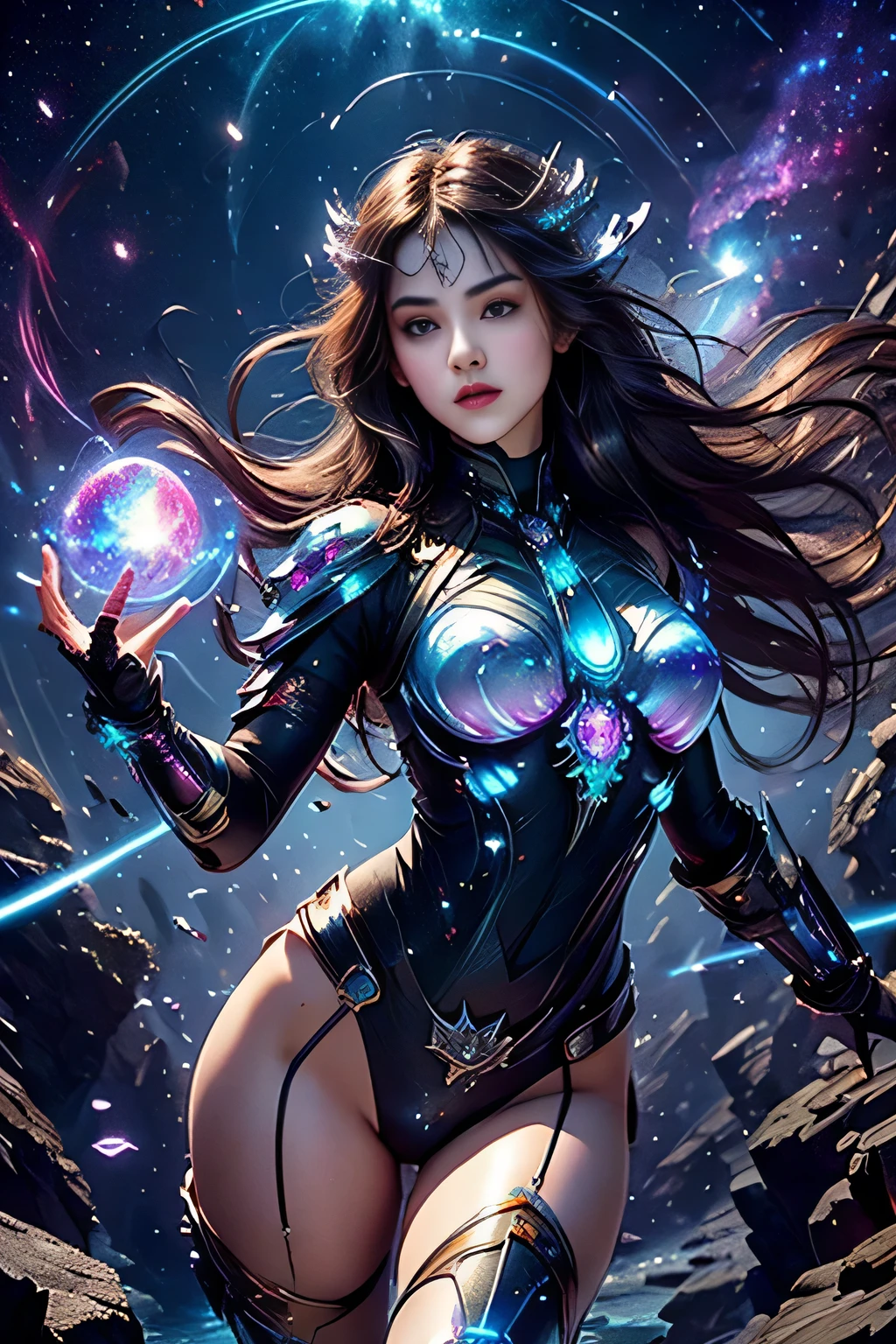 ((High Quality)), ((Detailed)), ((Fantasy)), Official Art, Unity 8k Wall, 8k Portrait, Best Quality, Ultra High Resolution, (Beautiful Italian Teenage Girl), (Detailed iridescent bodysuit with beautiful fractal or marble design: 1.4), Female Space Defense Force warrior, Amazingly spectacular battle scene, Blue plasma brain, Green plasma body, Showing armpits, Beautiful breasts, (Tense and stiff facial expression), Photorealistic, (Amazingly beautiful natural background), (18 age),(sexy and attractive),(dynamic pose),(combat pose),beautiful and seductive face,portrait,(thick eyebrows),(big brown eyes),beautiful and symmetrical eyes,(ultra detailed eyes),(high resolution face and eyes),intimate face,(ultra detailed skin texture:1.2),pale skin,perfect anatomy,slender,(beautiful and toned body:1.3),hair detail,(moist skin:1.2),excellent anatomy,focused face,nice,(delicately made around the neck necklace), (bioluminescence gives off a vivid glow: 1.2), (glowing magic circle), ruins of an old castle, majestic glowing cloud mass and sky, lightning, spectacularly realistic, (blue-green and orange), (art station), cinematic, highly detailed, dramatic light, (intricate detail: 1.1), beautiful black hair, (wearing a jeweled gauntlet with intricate and very beautiful design), small chest, galaxy, (nebula: 1.3), dark knight, fully armored body focus,