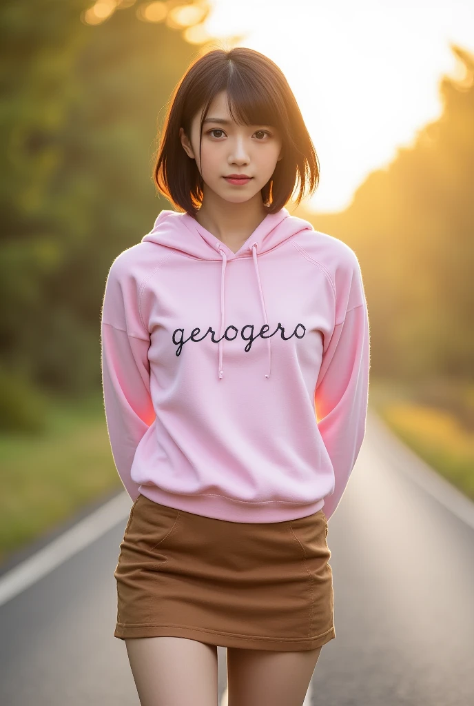 top quality 8k, high resolution, professional photographic, ultra detailed, 15mm film, portrait, (19 year old, beautiful Japanese female, REIKA standing legs parted:1.3), beautiful short bob cut:1.4, beautiful nape, (big hip best proportion:1.5), arms behind back, (brown-skirt, too large pink hooded sweatshirt, "gerogero":1.4), (thick thigh smooth thigh radiant thigh focus), ((too very blushing)), (ultra detailed sunrise backlighting:1.5), (good depth field, Lonely Traveler in  country road:1.5) 