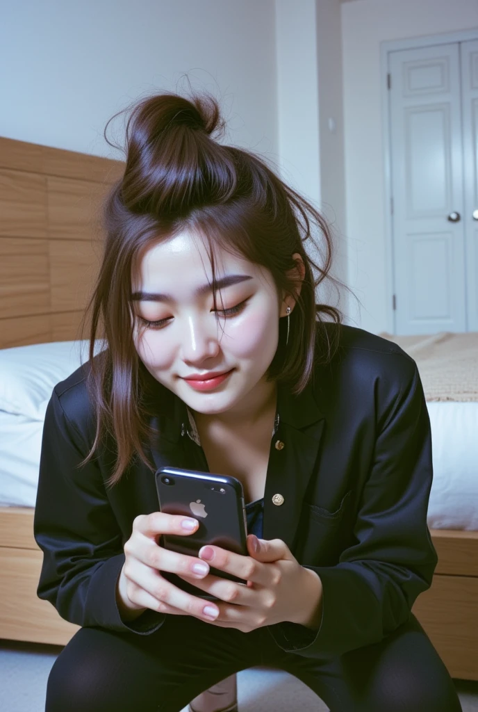  A Taiwanese woman with a large hair curler ,  his face is lethargic . The manyun's lips . furrowed eyebrows .   hands bumping her directly .  and his expression is sad and lethargic .  She was wearing a casual outfit jacket  ,  in a realistic style ,.  The scene has the effect of excessive sadness . The background is a simple bedside room, In the room.   adds silence to the situation .  Holding a black iphone 16 promax mobile.