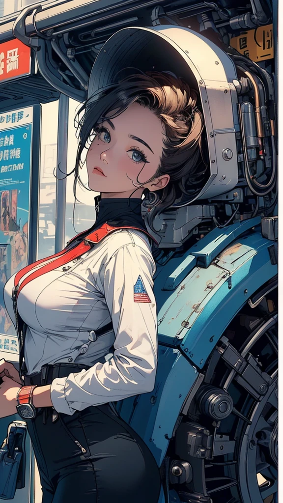 Female astronaut, shabby khaki T-shirt, white shorts unbuttoned, cleavage emphasized, sweaty, blushing, changing clothes.