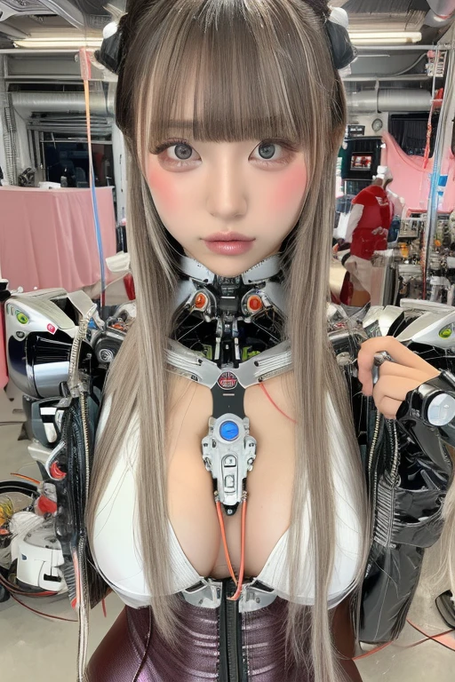 masterpiece, best quality, extremely detailed,portrait,front view,Japaese android girl,Plump,race queen costume, control panels,android,Droid,Mechanical Hand, Robot arms and legs,Blunt bangs,long tube,thick cable connected her neck