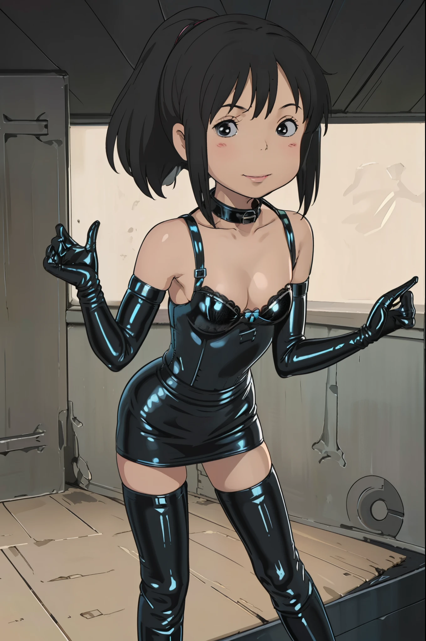 (((Chibi)))、((( short:1.4)))、(((Child body type:1.4)))、Small Bust、 flat chested、BDSM、Queen、mistress、(((One girl)))、(((solo:1.8)))、(((Black latex elbow gloves:1.4)))、((( black latex corset dress :1.4)))、((( CORSET DRESS IS DECORATED WITH BEAUTIFUL LACE)))、((( CORSET DRESS WITH SHOULDER STRAPS )))、((( black latex tight mini skirt :1.4)))、((( Black Thigh-High Boots :1.4)))、(((Black rubber tights:1.2)))、((( stiletto heel boots:1.4)))、((( black latex high leg panties )))、(((Black latex bra)))、(((Black leather collar)))、((( Sexy Poses :1.4 )))、 wide thigh opening:1.2、((( Erotic )))、((( cowboy shot)))、 close-up、((( place your hands on your lower back)))、Beautiful eyes with highlights、Beautiful, smooth skin、Two perfect anatomical arms、 Anatomically Perfect 2 Legs 、(Four perfect fingers and one thumb)、( Masterpiece :1.4), ( best quality :1.4), ( high definition :1.4), Chihiro Ogino , poneyTail, Yunahum ,  eat rice balls, barefoot,  colorful ,  high contrast from the front of the light、((Iron Man))、 staring at viewers standing on their feet 、 looking at the camera、wicked smile、 smirking 、blush:1.4