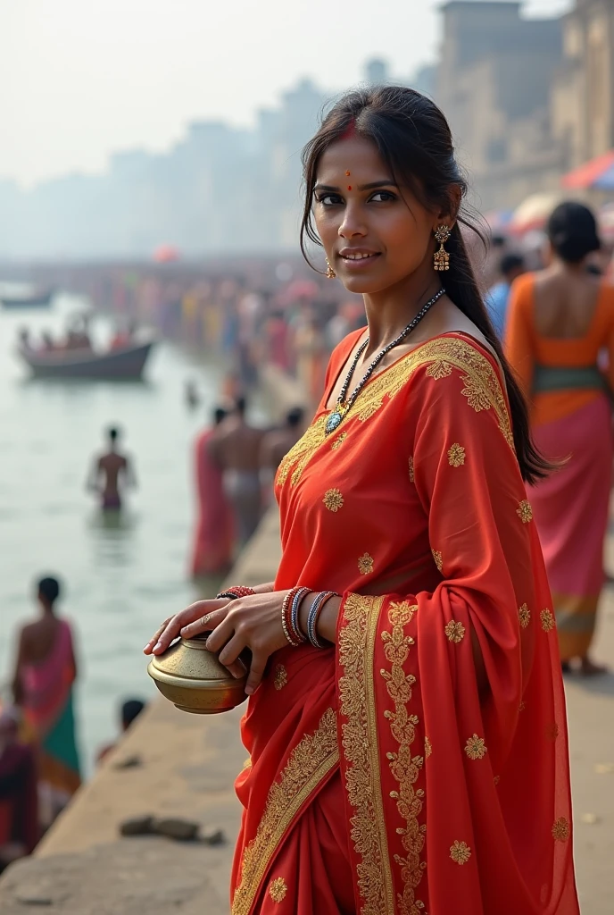 real photograph of a 21 year old indian girl standing on juhu beach of mumbai india . make the image look like it has been captured from the camera of an average samsung smartphont