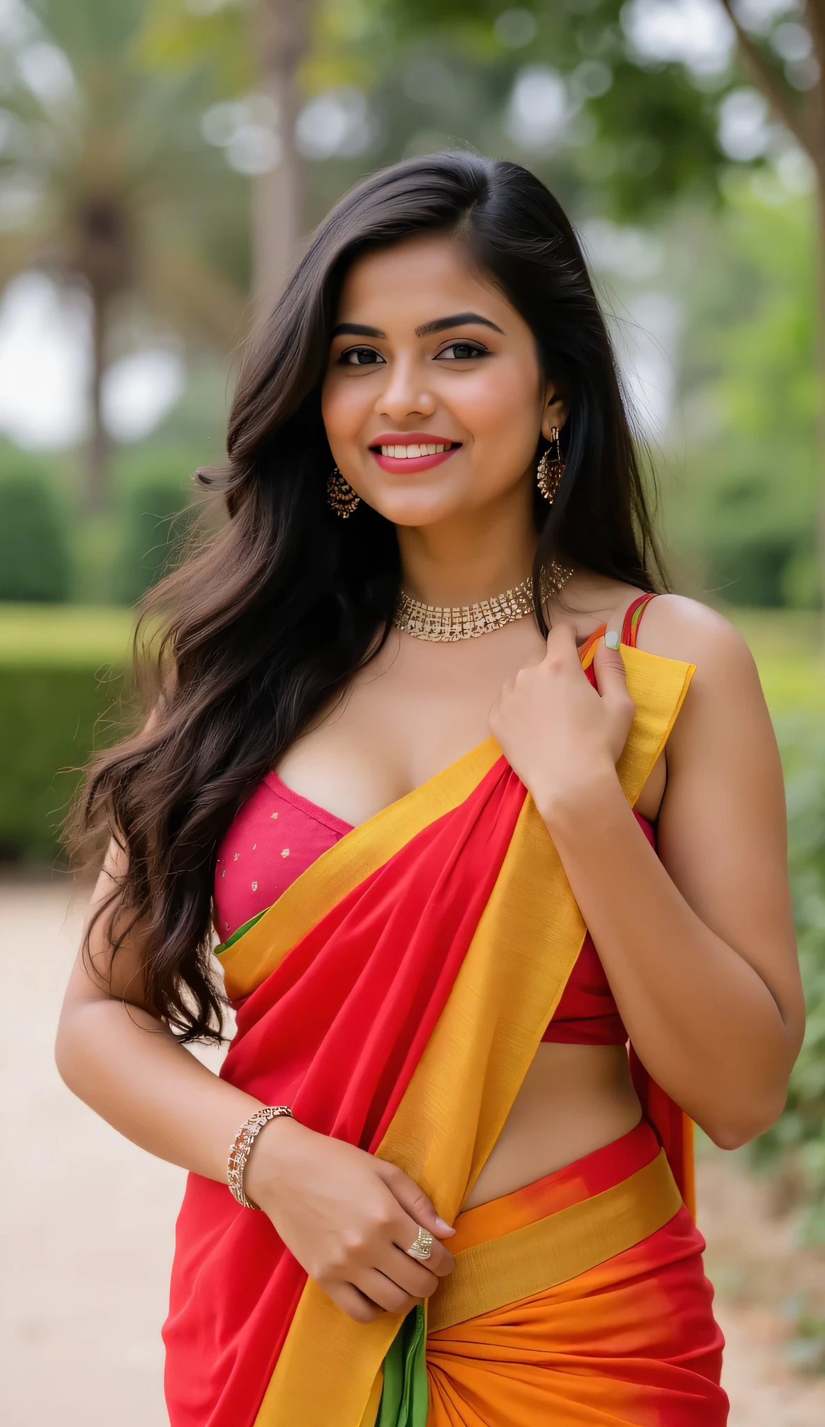 Day scene, close up photo of an indan from top view, posing under rain,black long hair, wearing yellow black top and red jeans ,hollywood red lips, perfect figure wet navel, seductive boobs, ponytail, necklace, look at viewer and smile, (cinematic:1.3), intricate details, (ArtStation:1.2)
