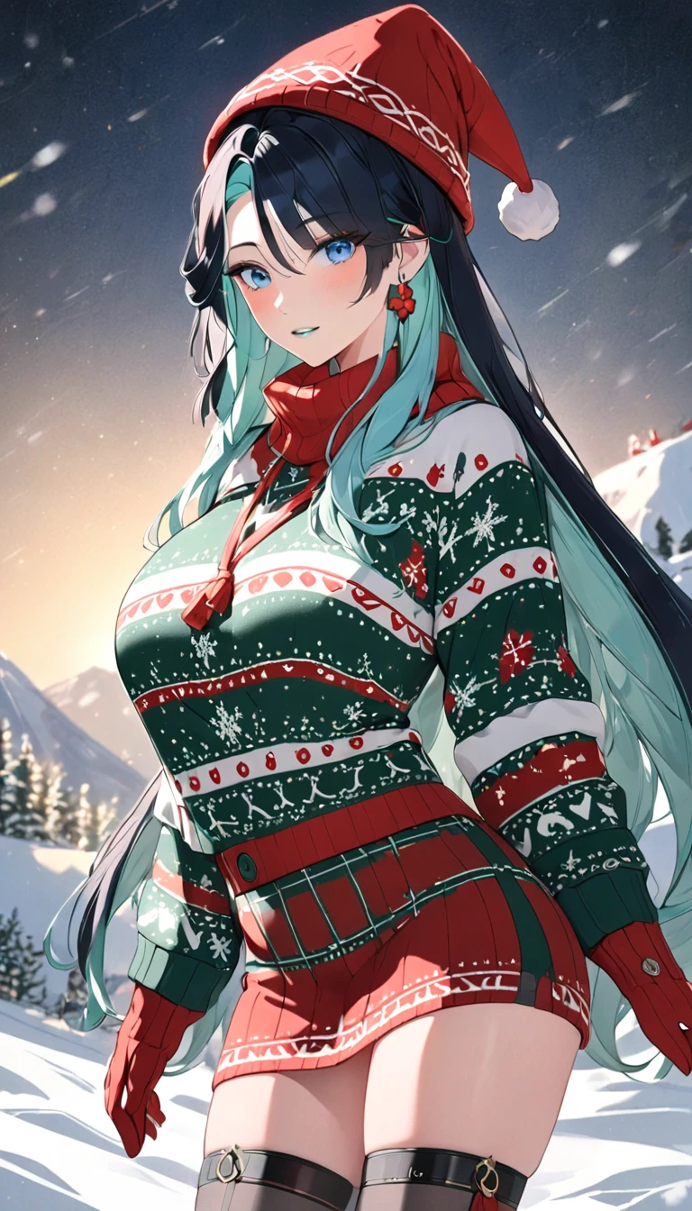 intricate christmas sweater, cozy wool sweater, festive accessories, santa claus hat, jingle bells, red and green colors, snowflake patterns, mittens, scarf, warm lighting, winter landscape, highly detailed, 8k, best quality, masterpiece,dynamic pose, big breasts, muted colors, skin pores, score_9, score_8_up, score_7_up, (sfw), (cowboy shot, dutch angle:1.2), 1girl, solo, mature female, thigh strap, blue_eyes, long_hair, black_hair,semi-rimless_eyewear, hair_ornament, red-framed_eyewear, blue_hair, multicolored_hair, bangs, (negative_v2 Color_Balance_Calibration:0.8), unaestheticXL_cbp62 , negativeXL_D, whole body
