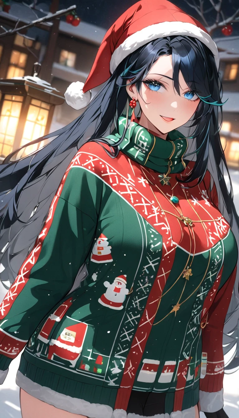 intricate christmas sweater, cozy wool sweater, festive accessories, santa claus hat, jingle bells, red and green colors, snowflake patterns, mittens, scarf, warm lighting, winter landscape, highly detailed, 8k, best quality, masterpiece,dynamic pose, big breasts, muted colors, skin pores, score_9, score_8_up, score_7_up, (sfw), (cowboy shot, dutch angle:1.2), 1girl, solo, mature female, thigh strap, blue_eyes, long_hair, black_hair,semi-rimless_eyewear, hair_ornament, red-framed_eyewear, blue_hair, multicolored_hair, bangs, (negative_v2 Color_Balance_Calibration:0.8), unaestheticXL_cbp62 , negativeXL_D, whole body
