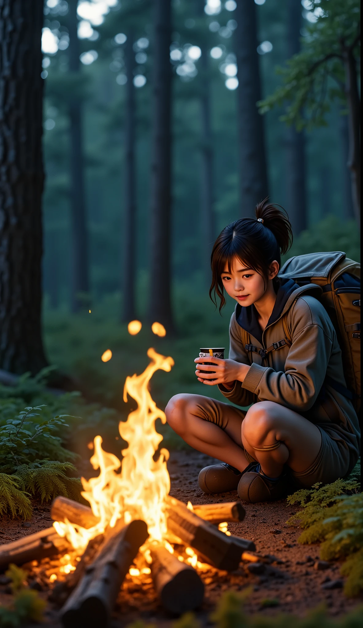 Lonely Traveler、Wide View、Deep in the forest、(((Night Time)))、bonfire台、bonfire、 one woman、Backpacker、coffee