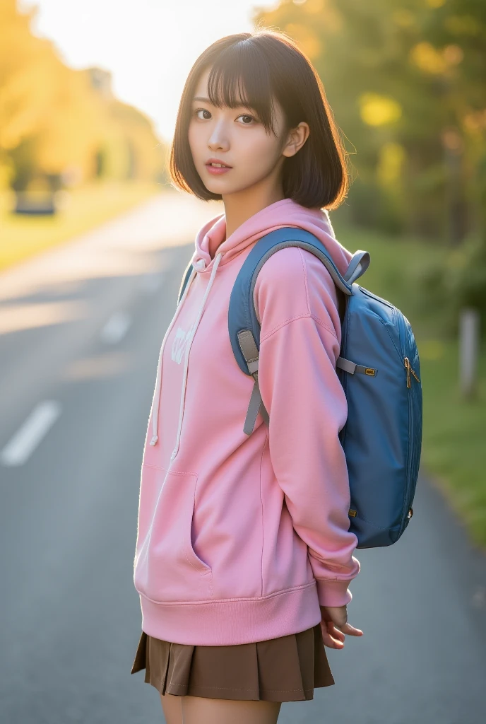 top quality 8k, high resolution, professional photographic, ultra detailed, 15mm film, portrait, (19 year old, beautiful Japanese female, REIKA standing legs parted:1.3), beautiful short bob cut:1.4, beautiful nape, (big hip best proportion:1.5), arms behind back, (blue backpack, brown-skirt, too large pink hooded sweatshirt, "gerogero":1.4), (thick thigh smooth thigh radiant thigh focus), ((too very blushing)), (ultra detailed sunrise backlighting:1.5), (good depth field, Lonely Traveler in  country road:1.5) 