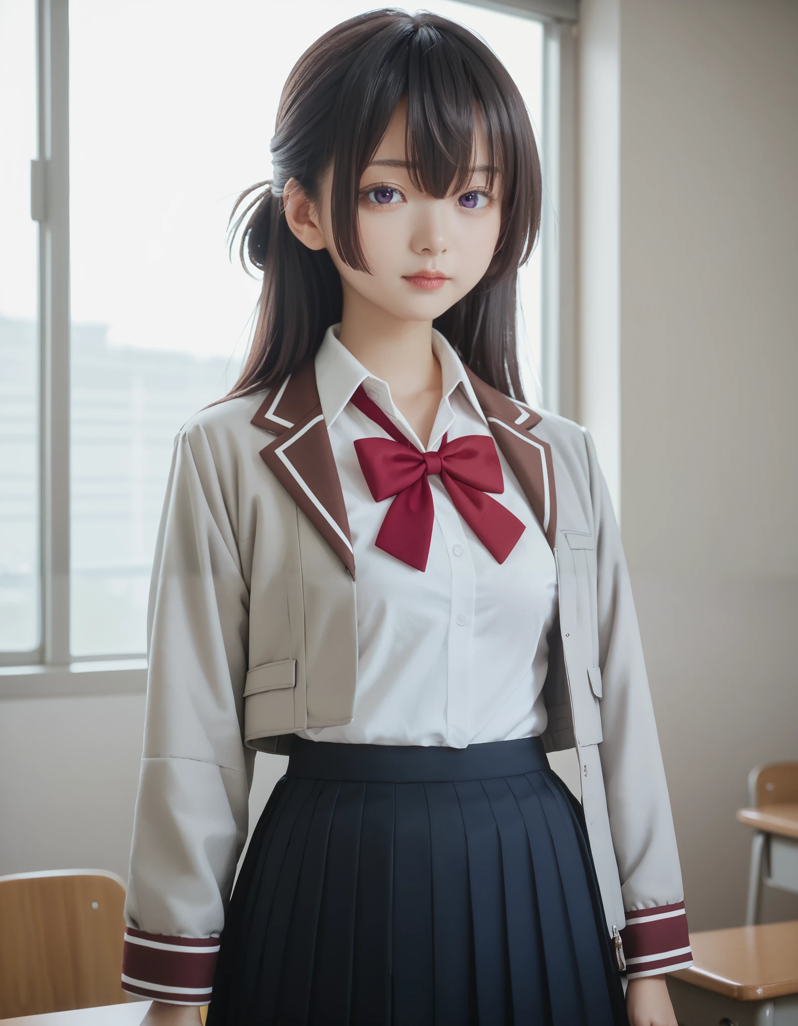 Masterpiece, hd, realistic, best quality, 1girl, yukisuou, long hair, bangs, brown hair, black hair, hair between eyes, purple eyes, half updo , medium breasts, shirt, bow, school uniform, jacket, white shirt, collared shirt,red bow tie, red bow, jacket, red bow tie, black skirt, pleated skirt, standing, indoor, classroom, looking at viewer, undefined, alone, cowboy shot