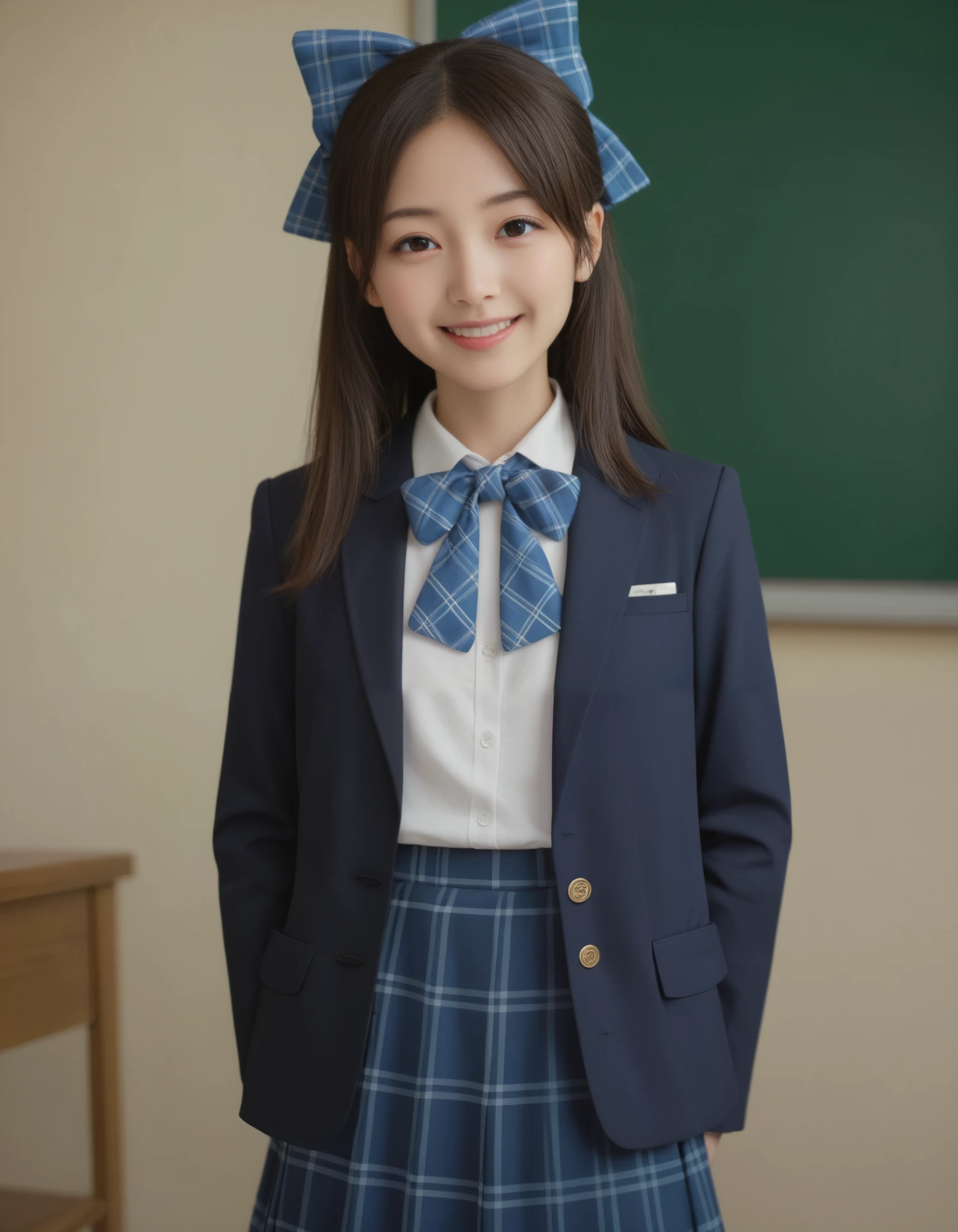 best quality,masterpiece,  realistic, 4k, best quality , 1girl, solo,tachibana arisu, brown hair, brown eyes, long hair, blue hair ribbon, bang, dark brown blazer, brown vest , white collared shirt, blue bowtie, blue plaid skirt, opened jacket, hair bow, standing, indoor, classroom smile, cowboy shot
