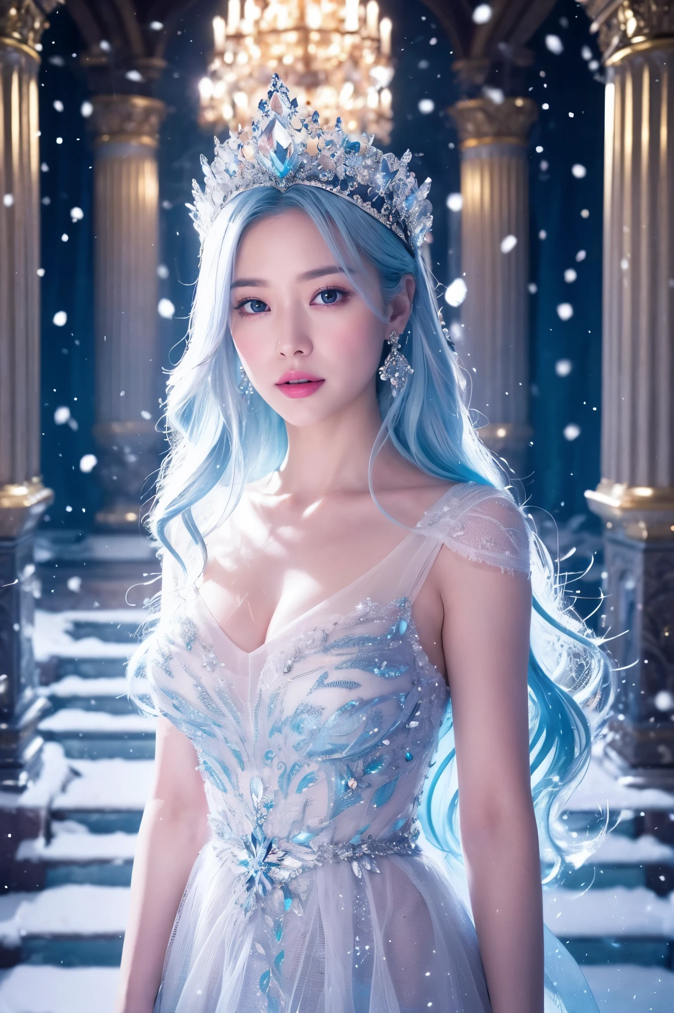 ((snow woman,Snow Princess,Princess of the Japan,South Pole,Antarctic continent,iceberg,Aurora,Dark Northern Lights,Complex and detailed aurora borealis,Shining Northern Lights,Phenomenally cute,goddess of Japan, large full breasts,Snow-white skin,glistning skin)),((Dresses that shine in silver,Elegant and beautiful dresses,Elegant décor,Diamond Decoration,Sparkling tiara,artistic décor,Snow white dress、Princess Dresses,Jeweled dresses,Dresses with a large amount of jewelry,Luxurious necklace,Luxury beyond imagination,The most gorgeous decorations in the world, ),((Beautiful and fantastic ice,Shining snow,Shining blizzard,Fantastic snowscape,Snow like a jewel,Diamond Dust,The most realistic and complex backgrounds,the complex background,Highly detailed and realistic backgrounds)),(((See the perfect camera here,Big smile,Clean teeth,perfect teeth,White teeth,finerly detailed face,Quality and beautiful face,Clear and beautiful face,Perfect gas chamber,Perfect fingers,Perfect hands,Accurate 5 fingers)),Top image quality,8K,SLR Camera Photography,professional photograpy,Realistic quality
