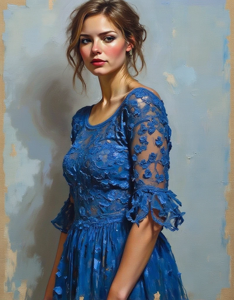 A dibrshstrk style painting, a woman wearing a blue dress