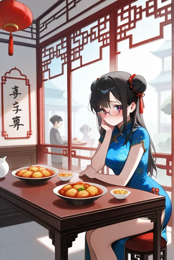 Black hair, long hair, glasses, beautiful eyes, cute, shy, Chinese dress, Chinese restaurant,