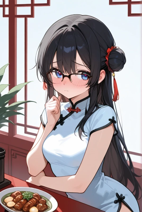 Black hair, long hair, glasses, beautiful eyes, cute, shy, Chinese dress, Chinese restaurant,