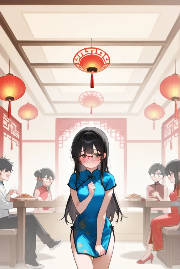 Black hair, long hair, glasses, beautiful eyes, cute, shy, Chinese dress, Chinese restaurant,