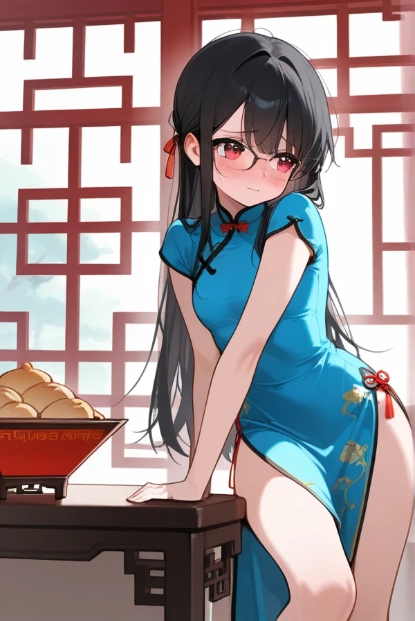 Black hair, long hair, glasses, beautiful eyes, cute, shy, Chinese dress, Chinese restaurant,