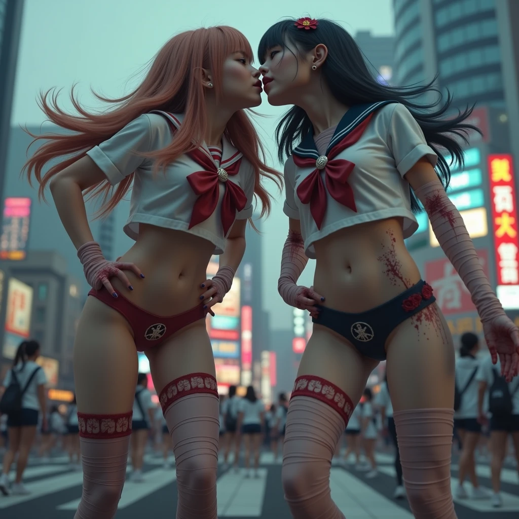 (((SFW, NSFW STILL SHOW, 12 Tiny Girls in a row:1.2, Shibuya Hachiko-mae scramble crossing on Halloween:1.2))), ((masterpiece:1.2, best quality, photorealistic:1.37)), {(Standing Full Body:1.2)|(from below:1.2)}, bandaged full body, (bandaged head and limbs), ((naked bandage)), {((bloody))|blood paste|(Red-stained bandages)}, ((Detailed KAWAII face, Detailed glistening ivory skin)), {Bustling street|Crossroads|(Passerby schoolgirls)| halloween| neon}, {(Childish:1.2|Gigantic Cleavage:1.37|Underboob:1.2)}, {Red leather high collar| random weapons|shotgun|Pikachu hood|random hair colors}, {Floating hair|Strong wind|(((Ass focus)))}, Skirtlift, {(Kissing face to face)|:p|:d|laugh|sparkle|joyful|delighted|Drunk},extremely Detailed,