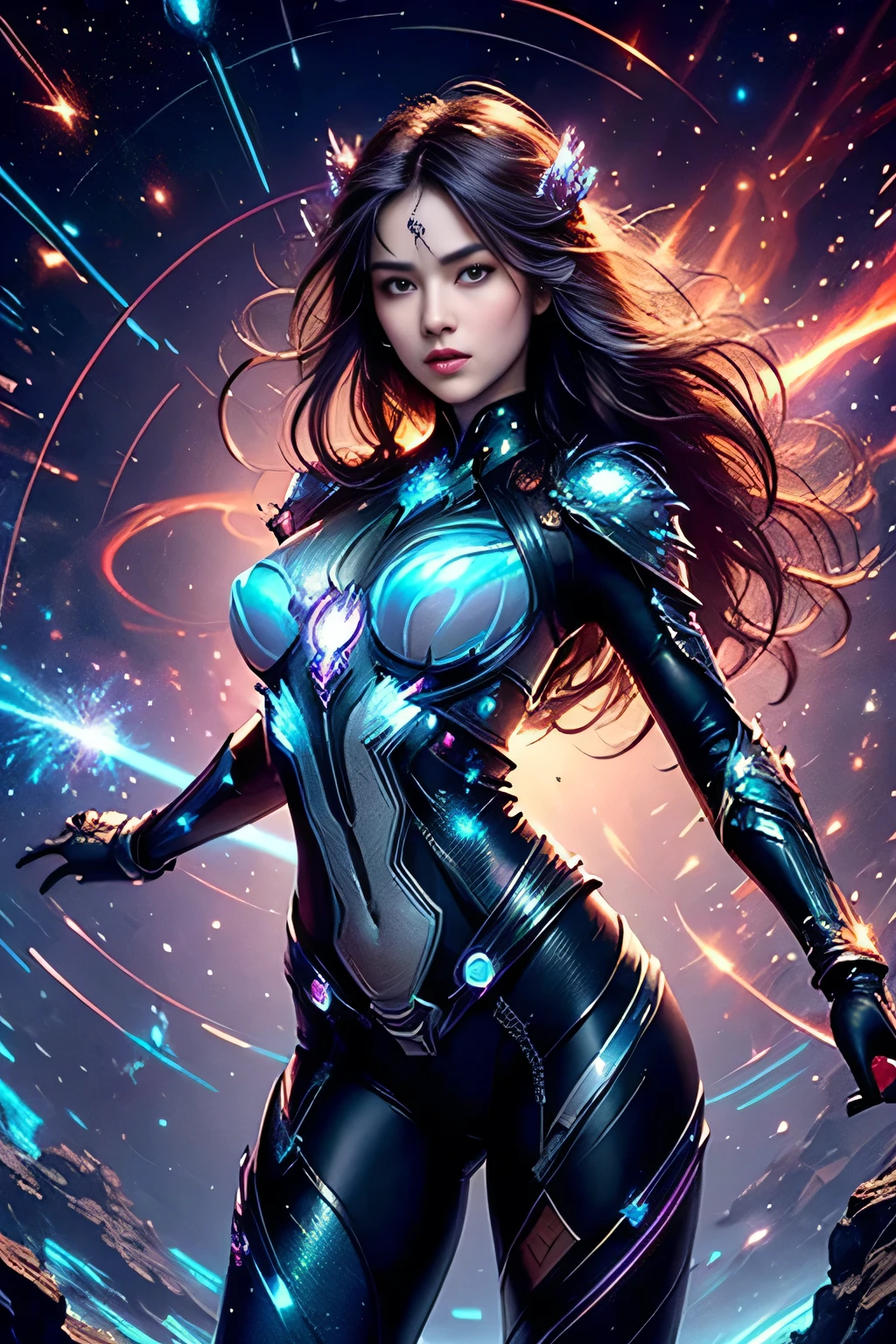 ((High Quality)), ((Detailed)), ((Fantasy)), Official Art, Unity 8k Wall, 8k Portrait, Best Quality, Ultra High Resolution, (Beautiful Italian Teenage Girl), (Detailed iridescent bodysuit with beautiful fractal or marble design: 1.4), Female Space Defense Force warrior, Amazingly spectacular battle scene, Blue plasma brain, Green plasma body, Showing armpits, Beautiful breasts, (Tense and stiff facial expression), Photorealistic, (Amazingly beautiful natural background), (18 age),(sexy and attractive),(dynamic pose),(combat pose),beautiful and seductive face,portrait,(thick eyebrows),(big brown eyes),beautiful and symmetrical eyes,(ultra detailed eyes),(high resolution face and eyes),intimate face,(ultra detailed skin texture:1.2),pale skin,perfect anatomy,slender,(beautiful and toned body:1.3),hair detail,(moist skin:1.2),excellent anatomy,focused face,nice,(delicately made around the neck necklace), (bioluminescence gives off a vivid glow: 1.2), (glowing magic circle), ruins of an old castle, majestic glowing cloud mass and sky, lightning, spectacularly realistic, (blue-green and orange), (art station), cinematic, highly detailed, dramatic light, (intricate detail: 1.1), beautiful black hair, (wearing a jeweled gauntlet with intricate and very beautiful design), small chest, galaxy, (nebula: 1.3), dark knight, fully armored body focus,