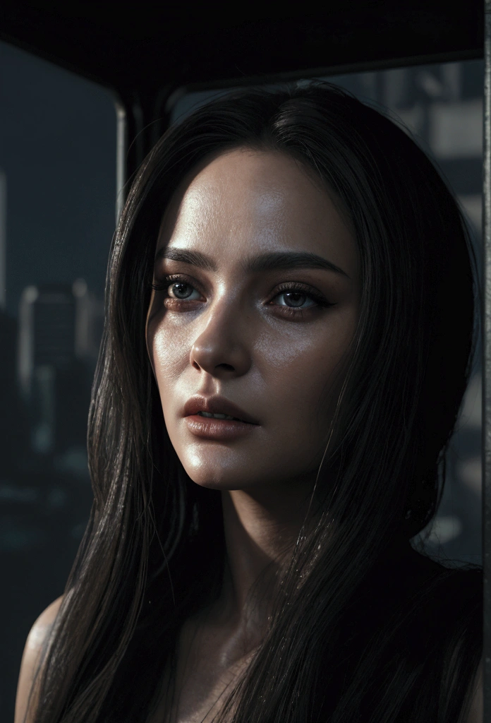 a woman standing in front of a coffin in a dystopian city, 1 woman, beautiful detailed eyes, beautiful detailed lips, extremely detailed eyes and face, long eyelashes, high contrast, dramatic lighting, cinematic composition, moody atmosphere, dark and gritty, cyberpunk, neon lights, skyscrapers, city skyline, futuristic architecture, fog, rain, (best quality,4k,8k,highres,masterpiece:1.2),ultra-detailed,(realistic,photorealistic,photo-realistic:1.37),unreal engine,cinematic lighting,dramatic chiaroscuro,dramatic shadows,dramatic highlights