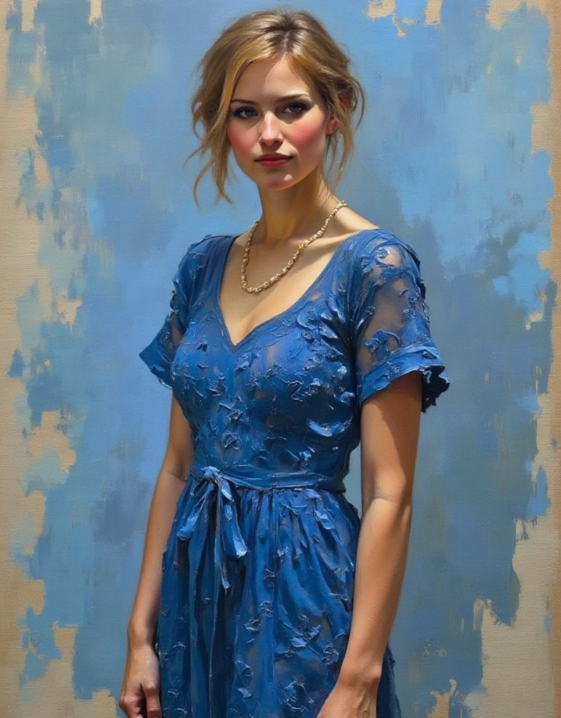 A dibrshstrk style painting, a woman wearing a blue dress