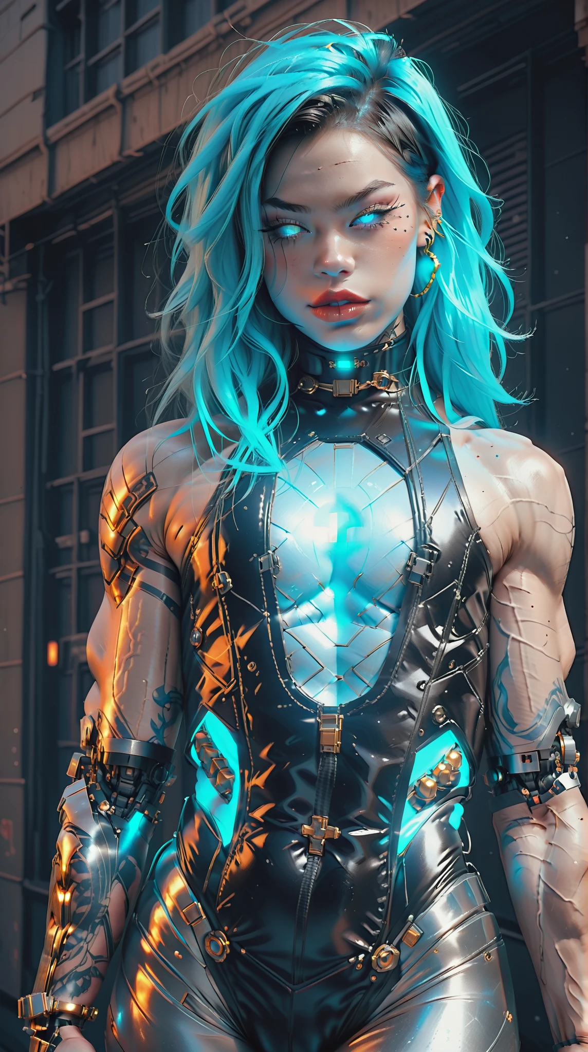 (nsfw:1), (Uncensored:1), score_9, score_8_up, score_7_up, (Three quarters Shot), (1 girl), (asian), beautiful teenage (skinny) muscular goth cyborg girl, (full Cybernetic bodysuit:1.5), (black sclera:1.5), (blue glowing eyes:1.5), (blue glowing body veins:1.5), (flat chest:1.25), (blue glowing hair:1.25), (beautiful face:1.25), (bodybuilder femboy physique:1.25), (skinny long legs:0.75), (intricate gold filagree:1.25), bimbo lips, cowboy shot, cybernetic, mechanoid body parts, exposed cables and circuits, neon lights, gothic neon style, cyber punk style, super realistic image, beautiful digital paint , hyper Realistic illustrations, ImgFixerPre0.3